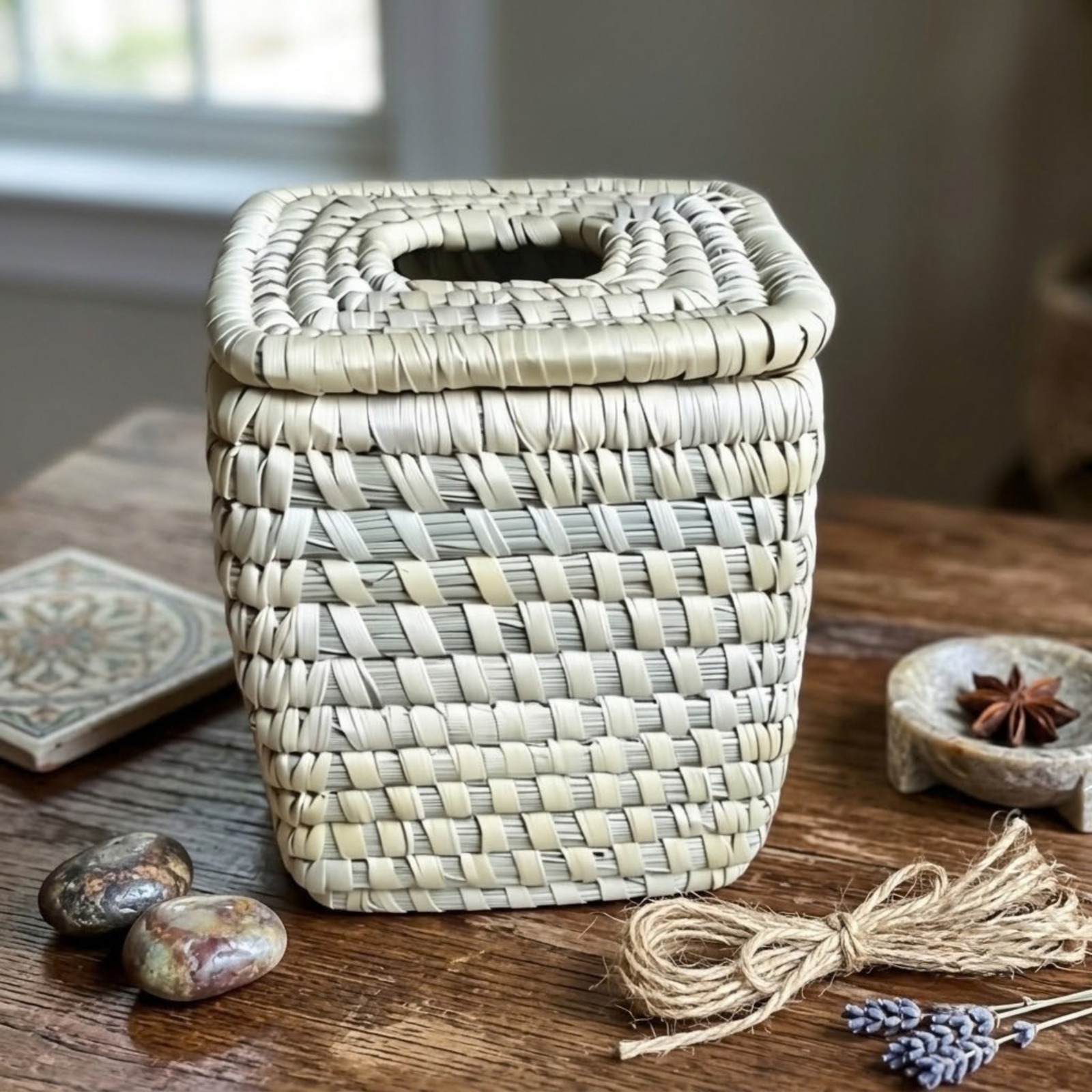White/Natural Handwoven Rectangular Tissue Paper Box