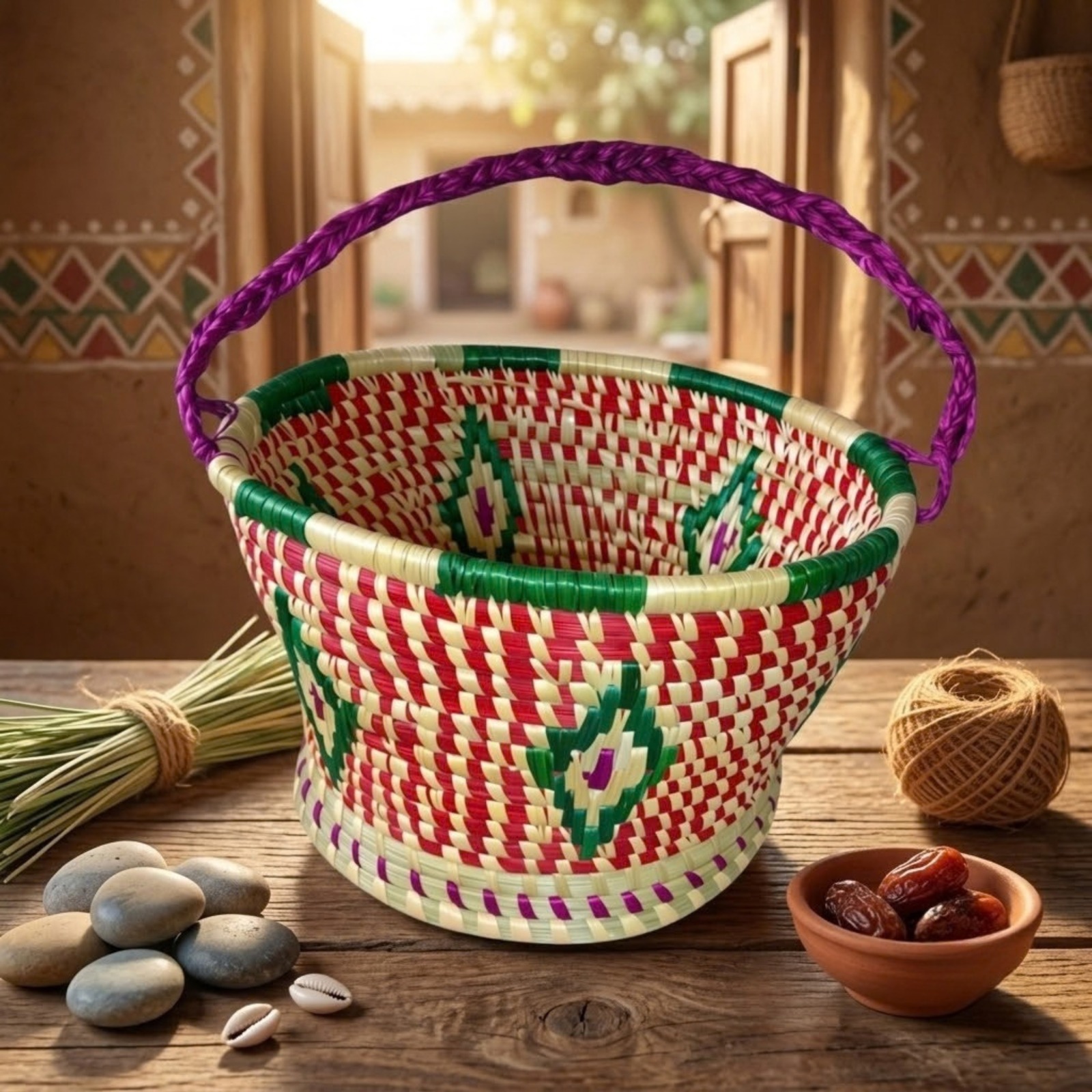 Colorful Handwoven Basket with Decorative Handle