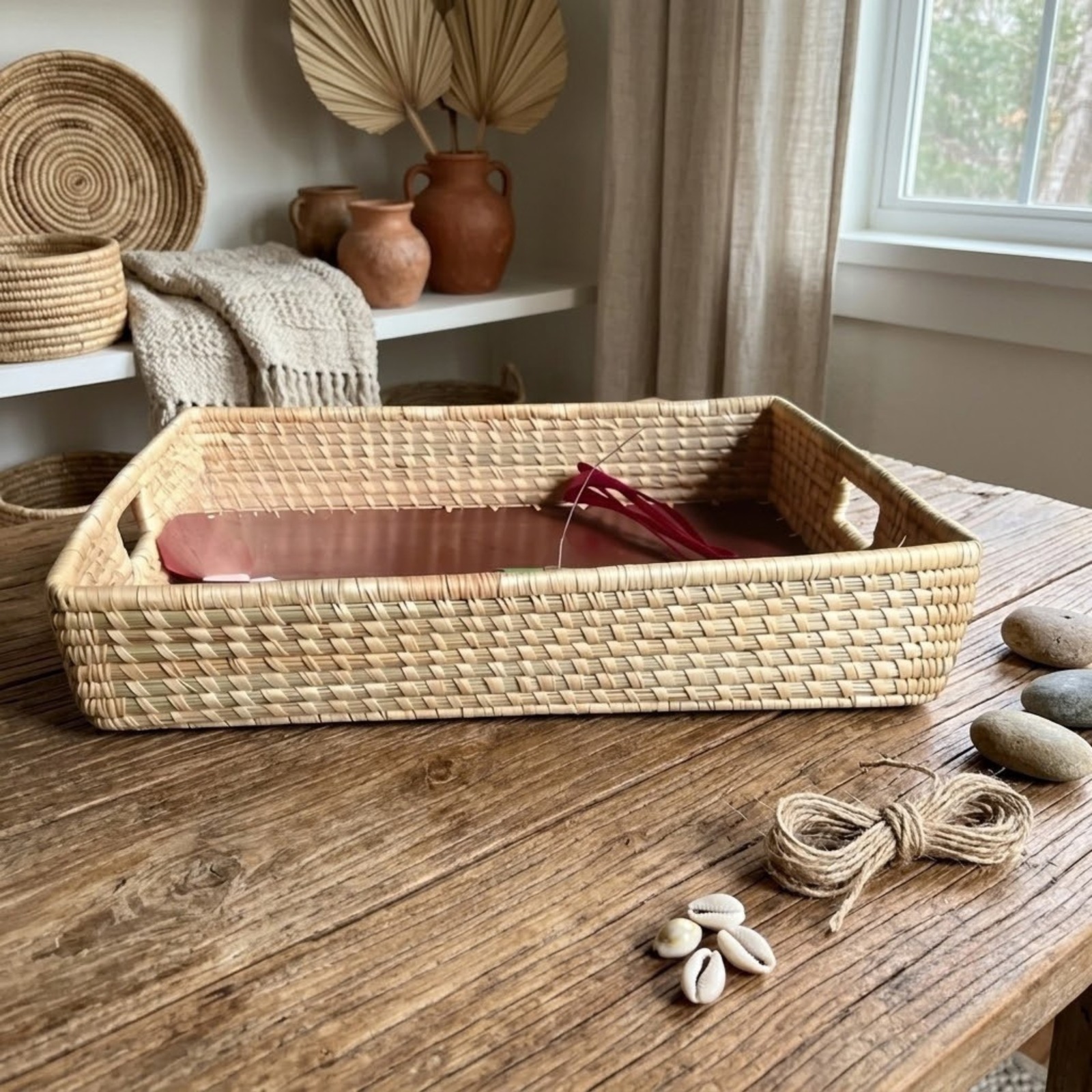 Rectangular Handwoven Storage Tray with Handles