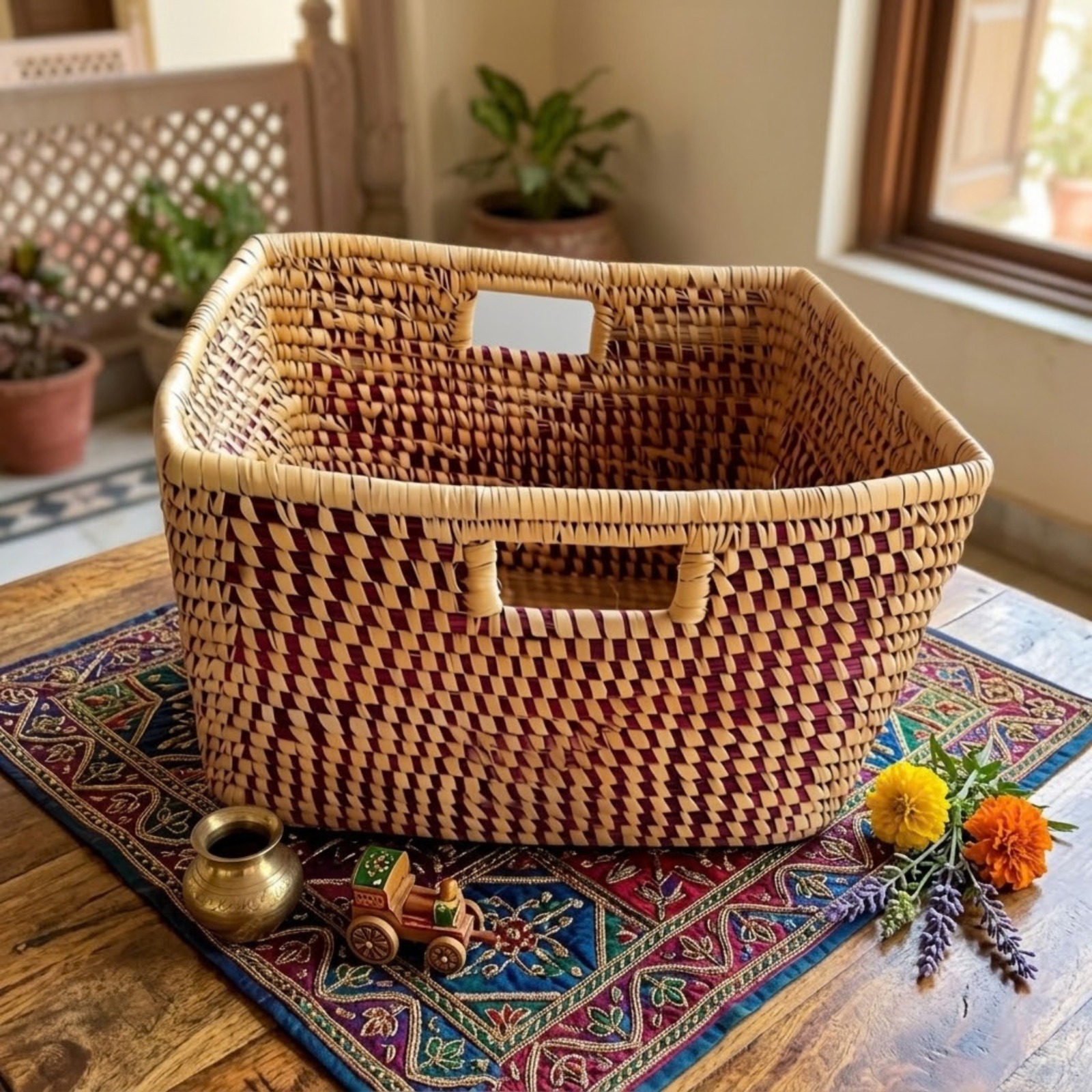 Large Rectangular Handwoven Storage Basket with Handles