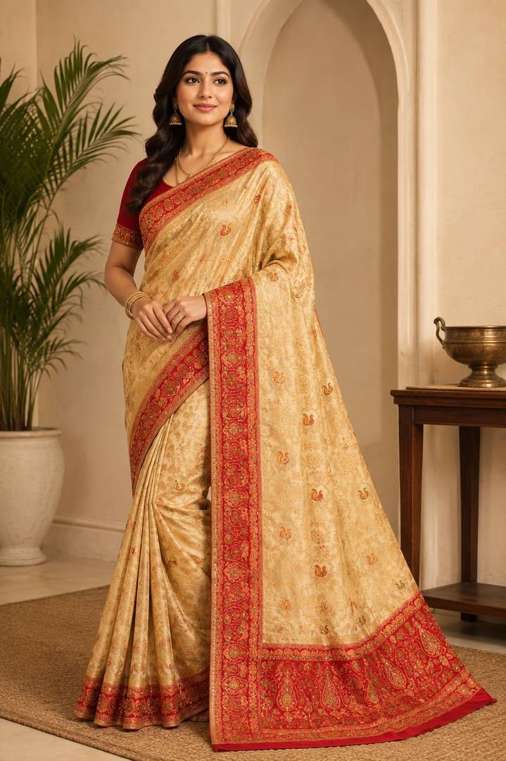 Royal Ivory Red Zari Border Banarasi-Style Saree