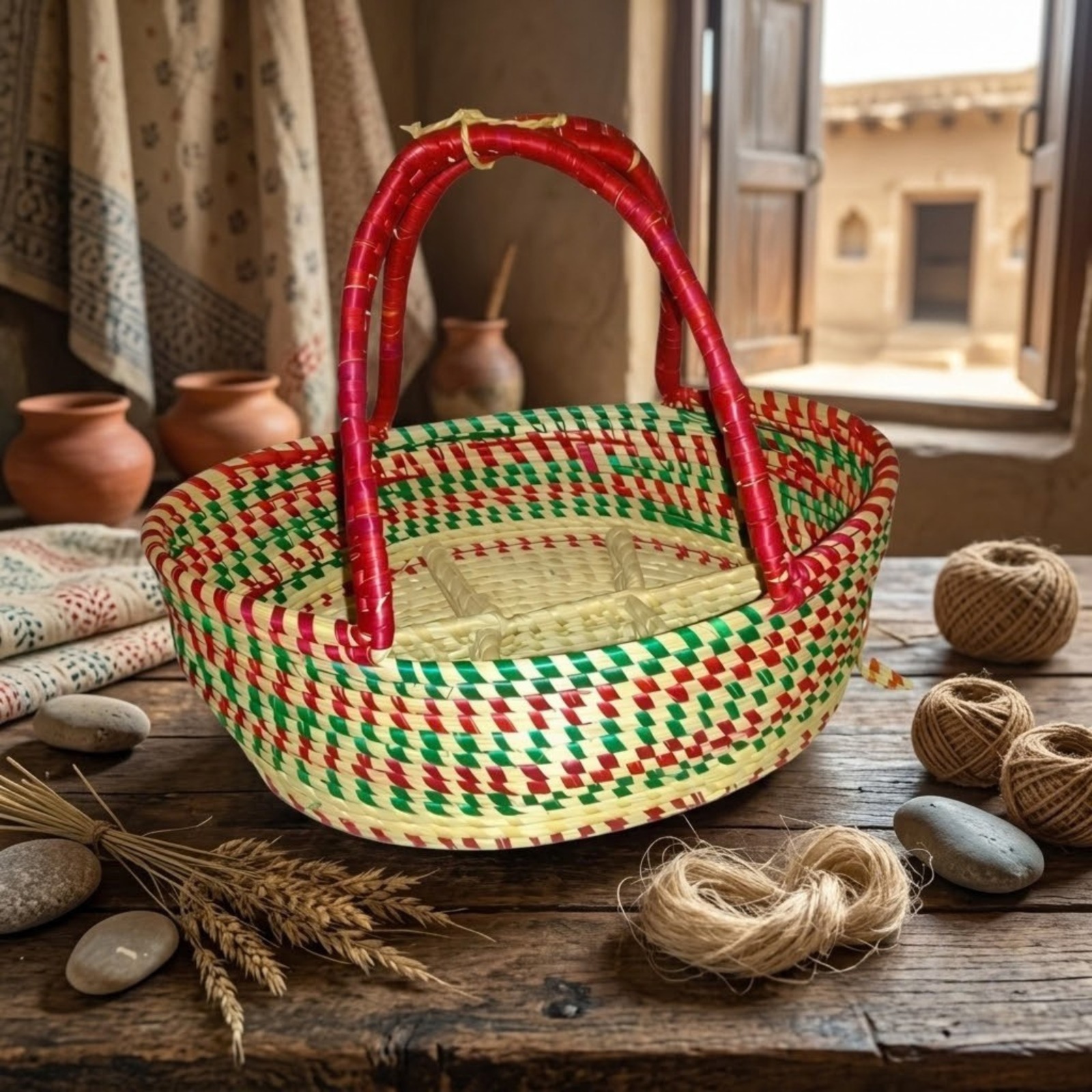 Colorful Round Handwoven Basket with Large Handles