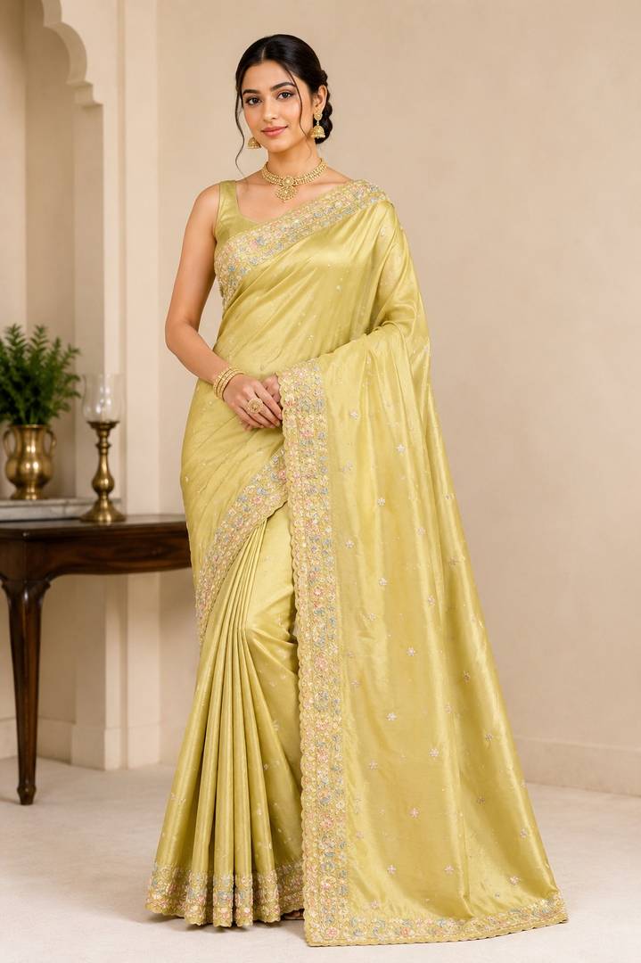 Pastel Yellow Embroidered Silk Saree