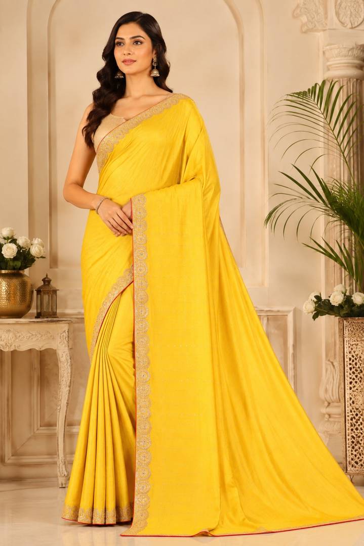 Sunshine Yellow Silk Saree with Antique Gold Scalloped Border