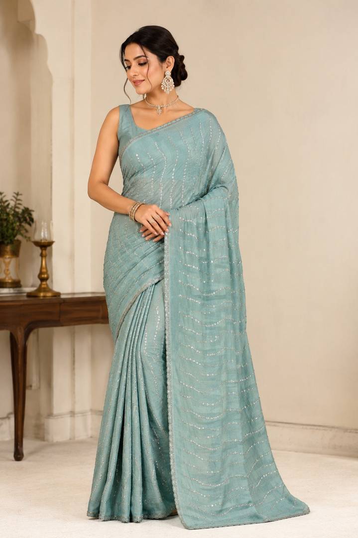 Pastel Blue Sequin Embellished Chiffon Saree