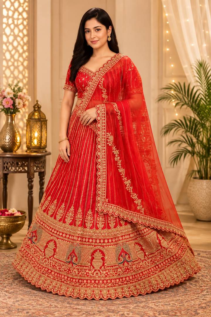Red & Gold Zari Embroidered Traditional Bridal Lehenga