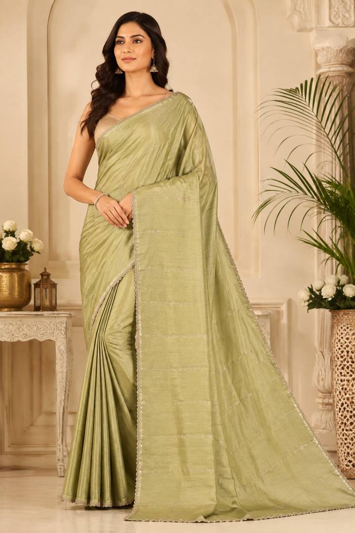 Sage Green Handloom-Style Saree with Delicate Lace Border