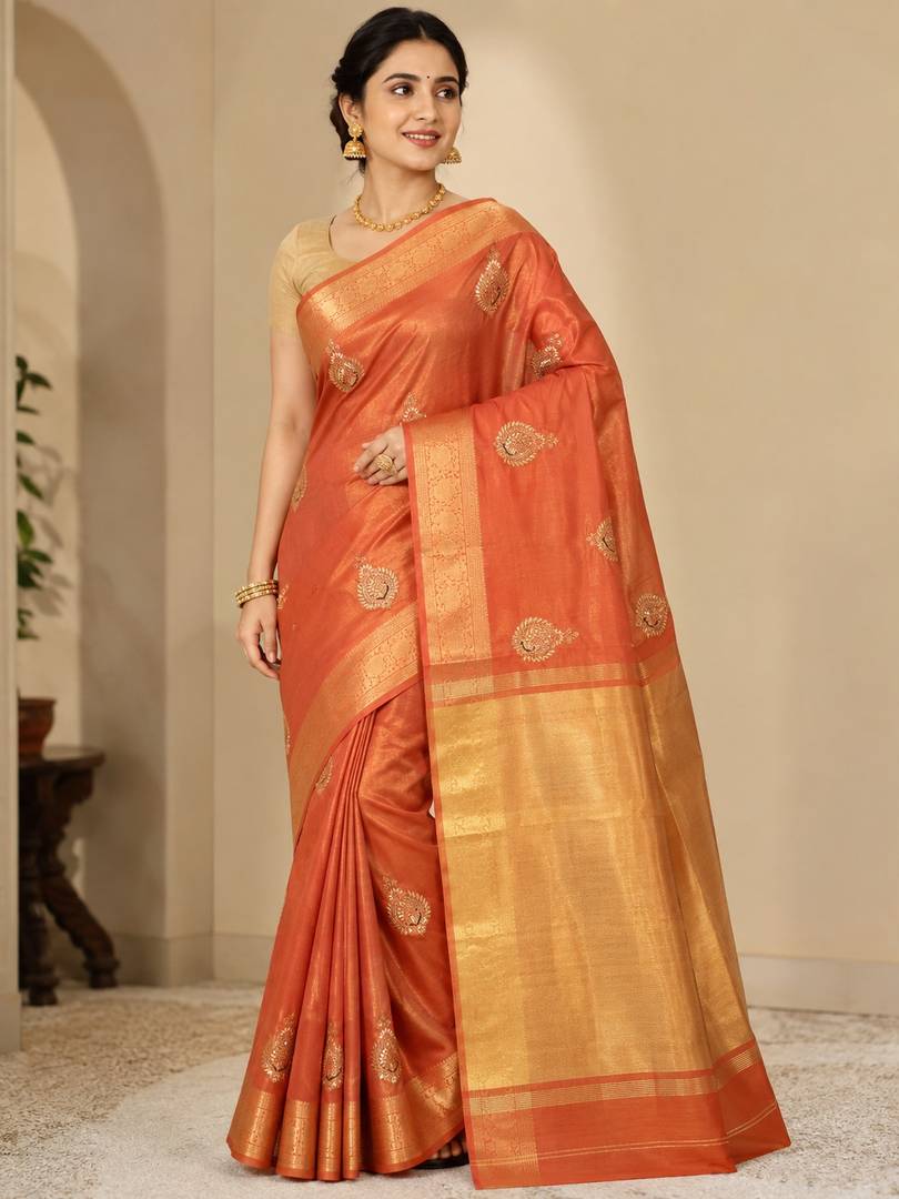 Coral Orange Gold Zari Buti Silk Saree