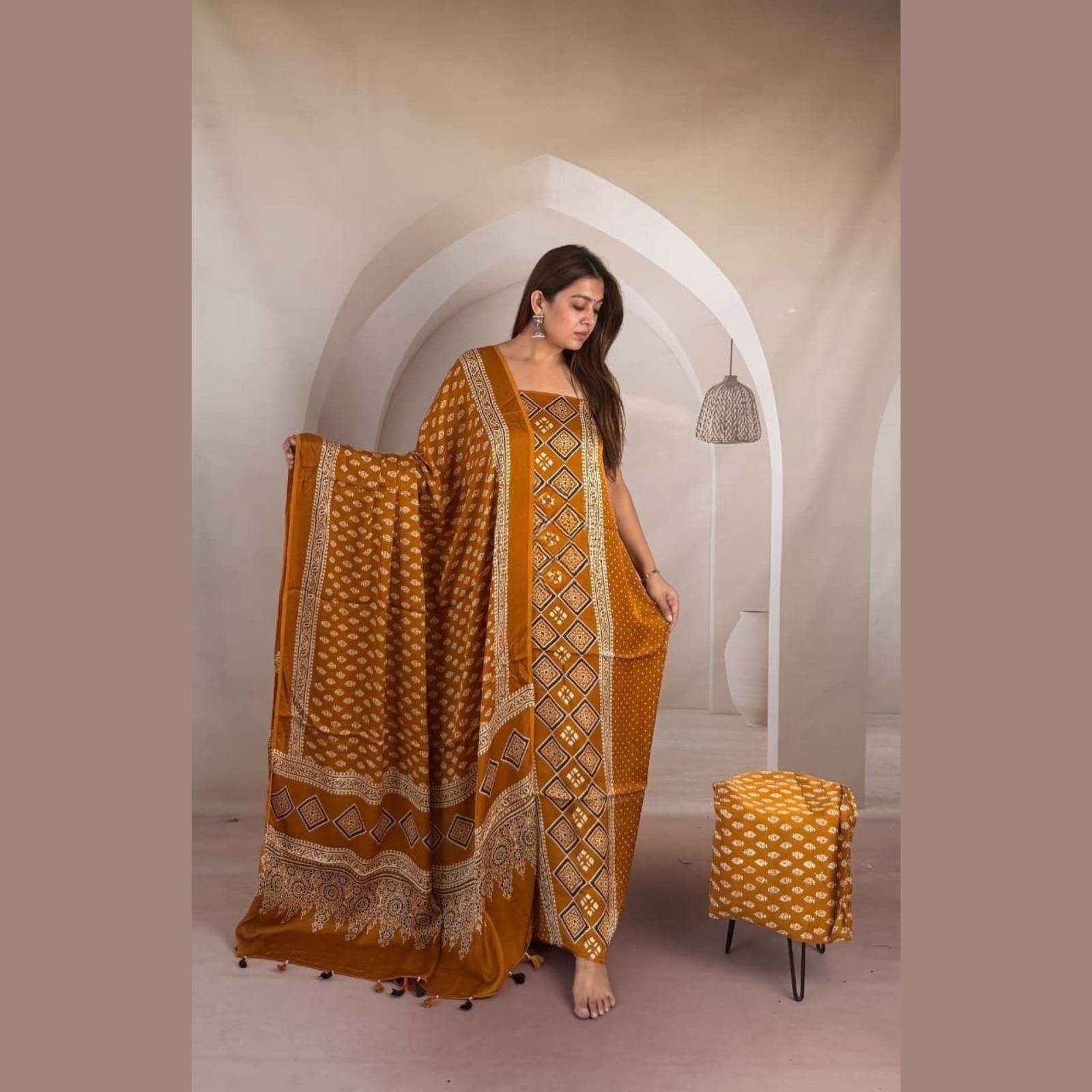 Modal Silk Ajrakh Handblock Suit Set with Tissue-Like Pallu Dupatta