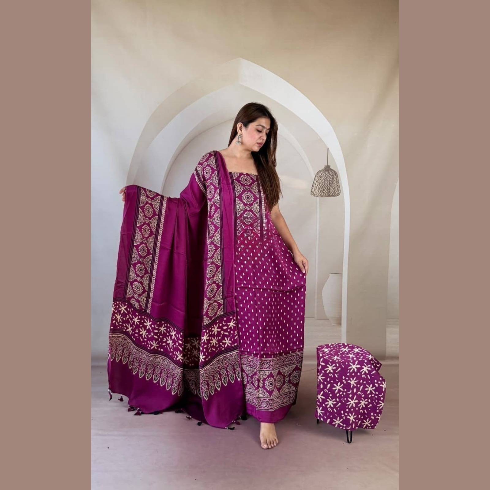 Modal Silk Ajrakh Handblock Suit Set with Tissue-Like Pallu Dupatta