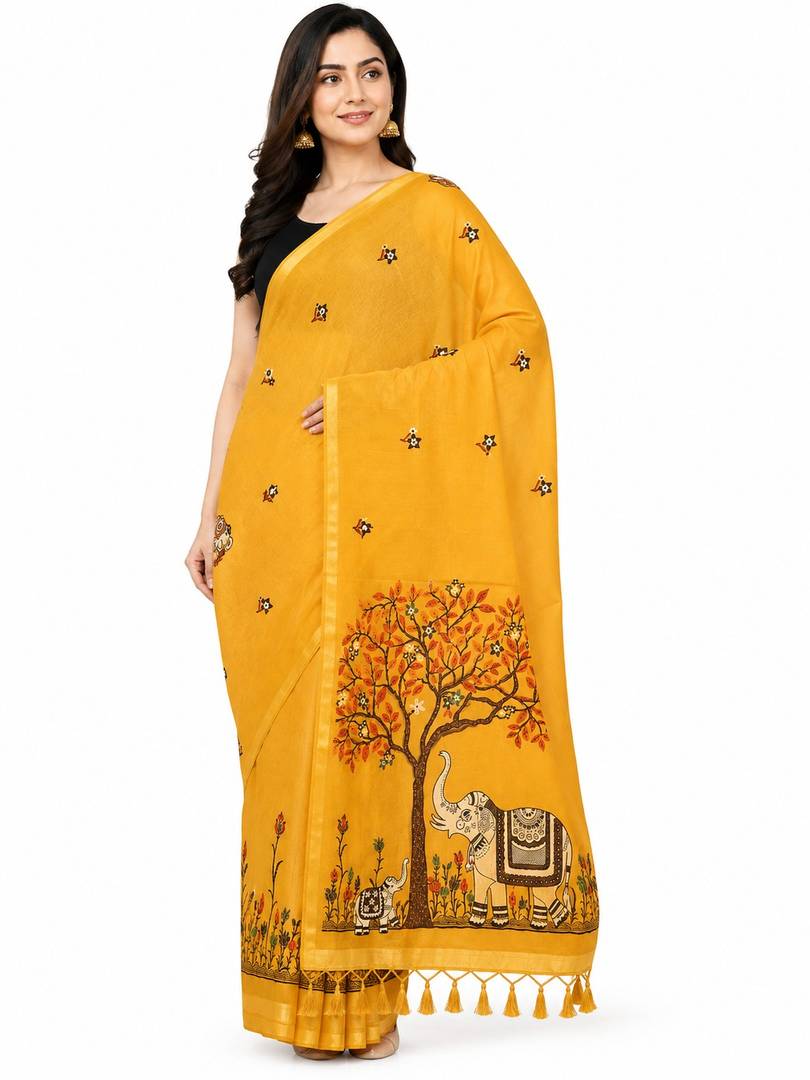 Hand-Painted Elephant & Tree Kalamkari saree