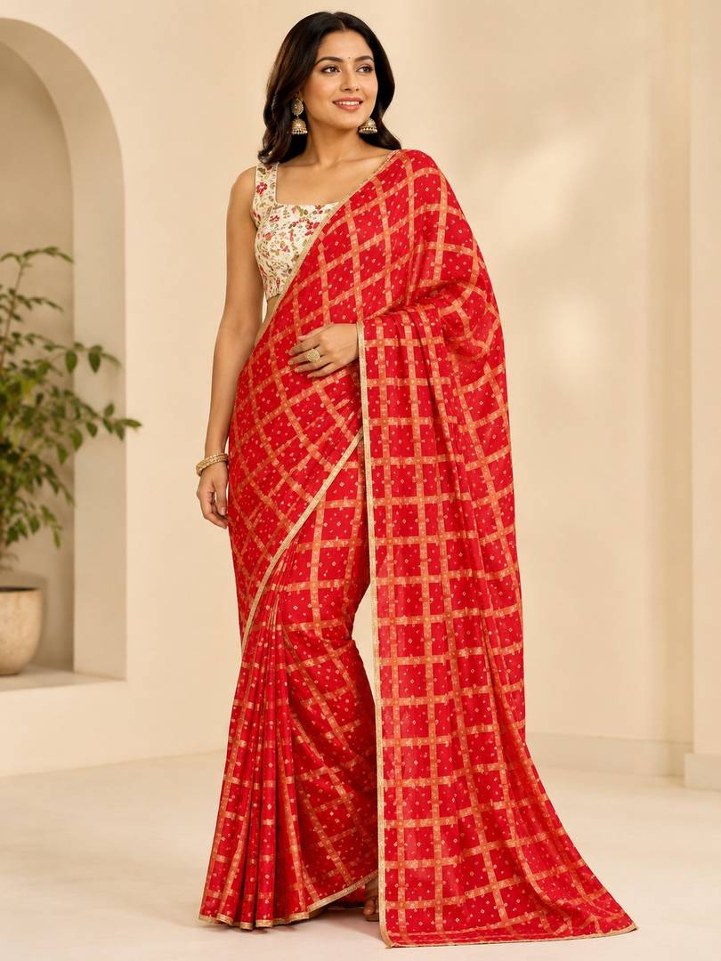 Red Golden Checks Banarasi Silk saree
