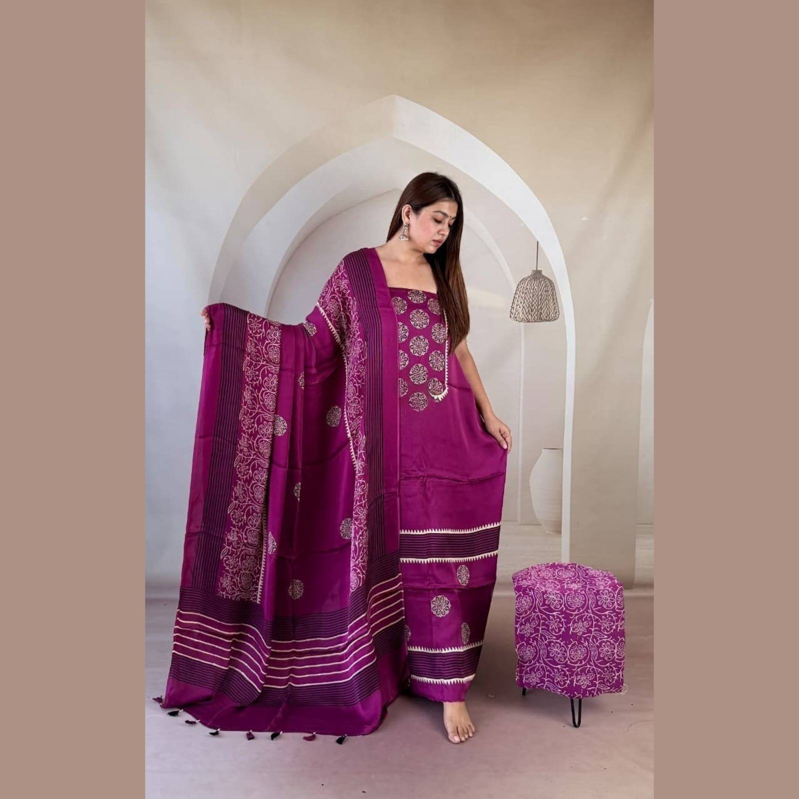 Modal Silk Ajrakh Handblock Suit Set with Tissue-Like Pallu Dupatta