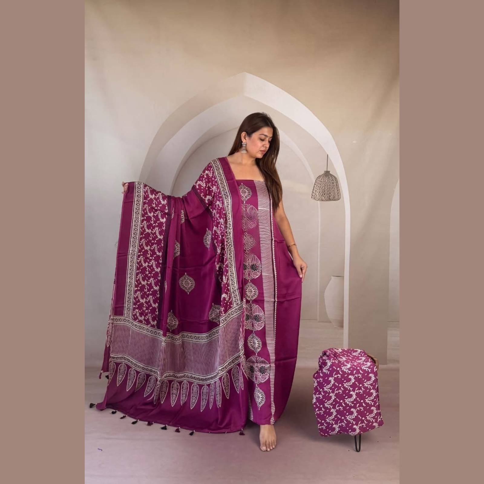 Modal Silk Ajrakh Handblock Suit Set with Tissue-Like Pallu Dupatta