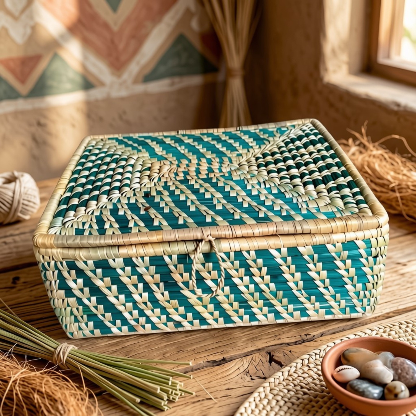 Turquoise & Natural Rectangular Woven Storage Box