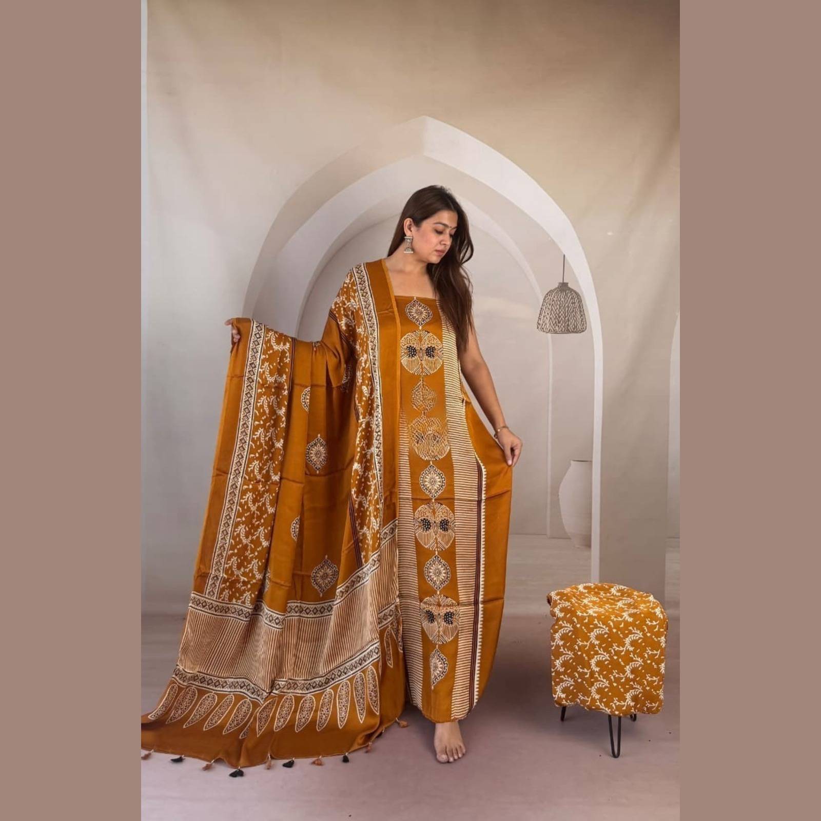 Modal Silk Ajrakh Handblock Suit Set with Tissue-Like Pallu Dupatta