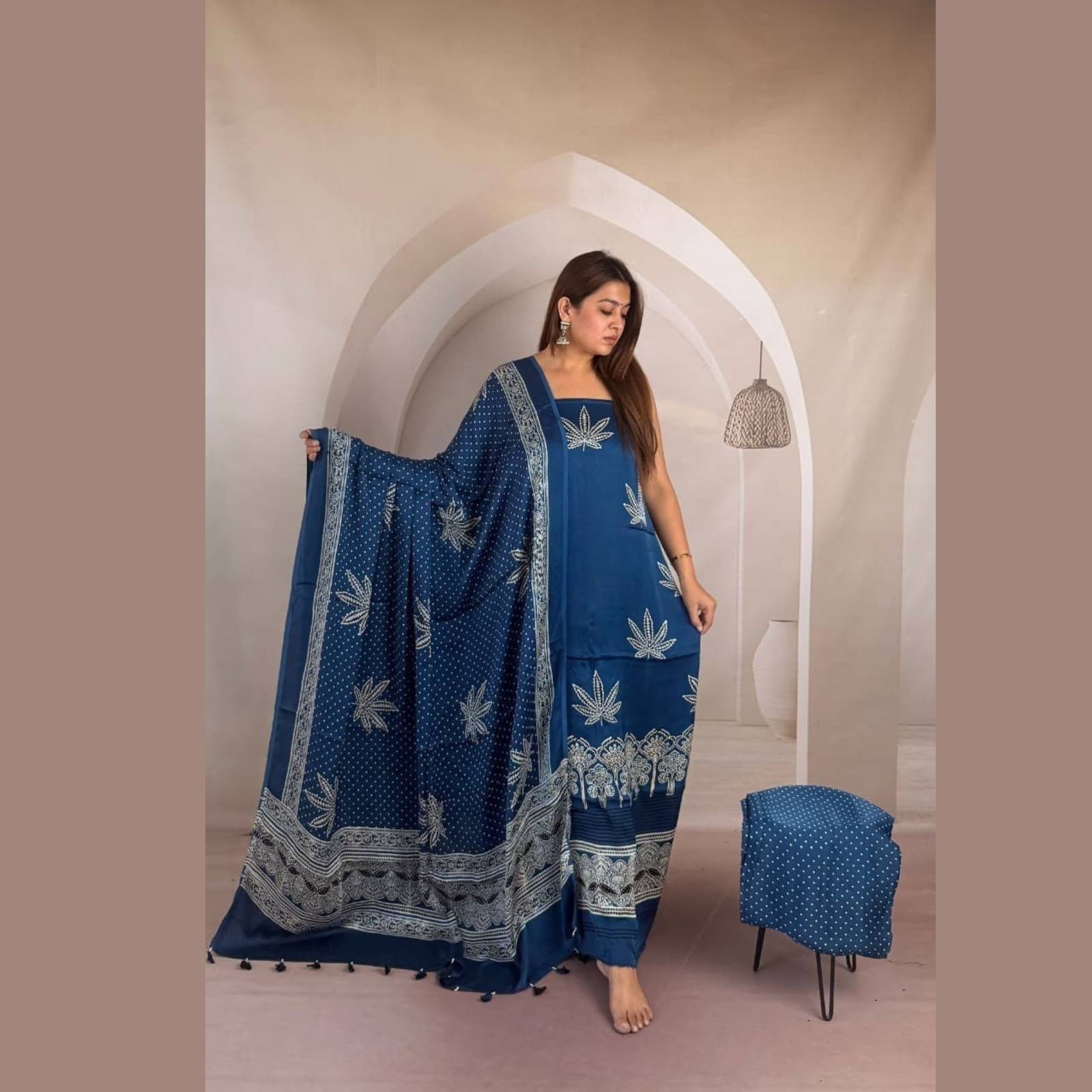 Modal Silk Ajrakh Handblock Suit Set with Tissue-Like Pallu Dupatta
