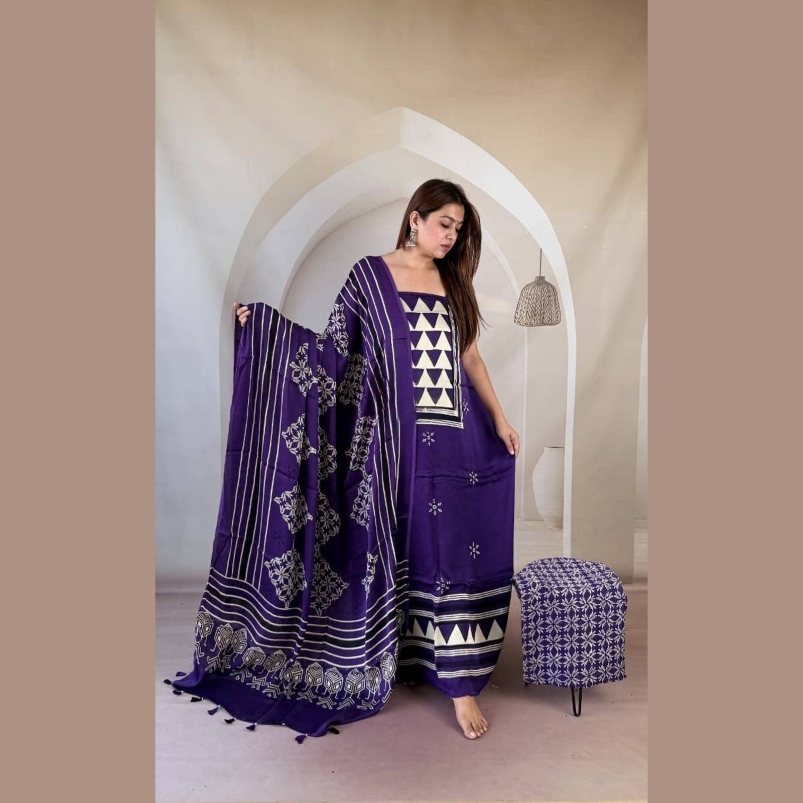 Modal Silk Ajrakh Handblock Suit Set with Tissue-Like Pallu Dupatta