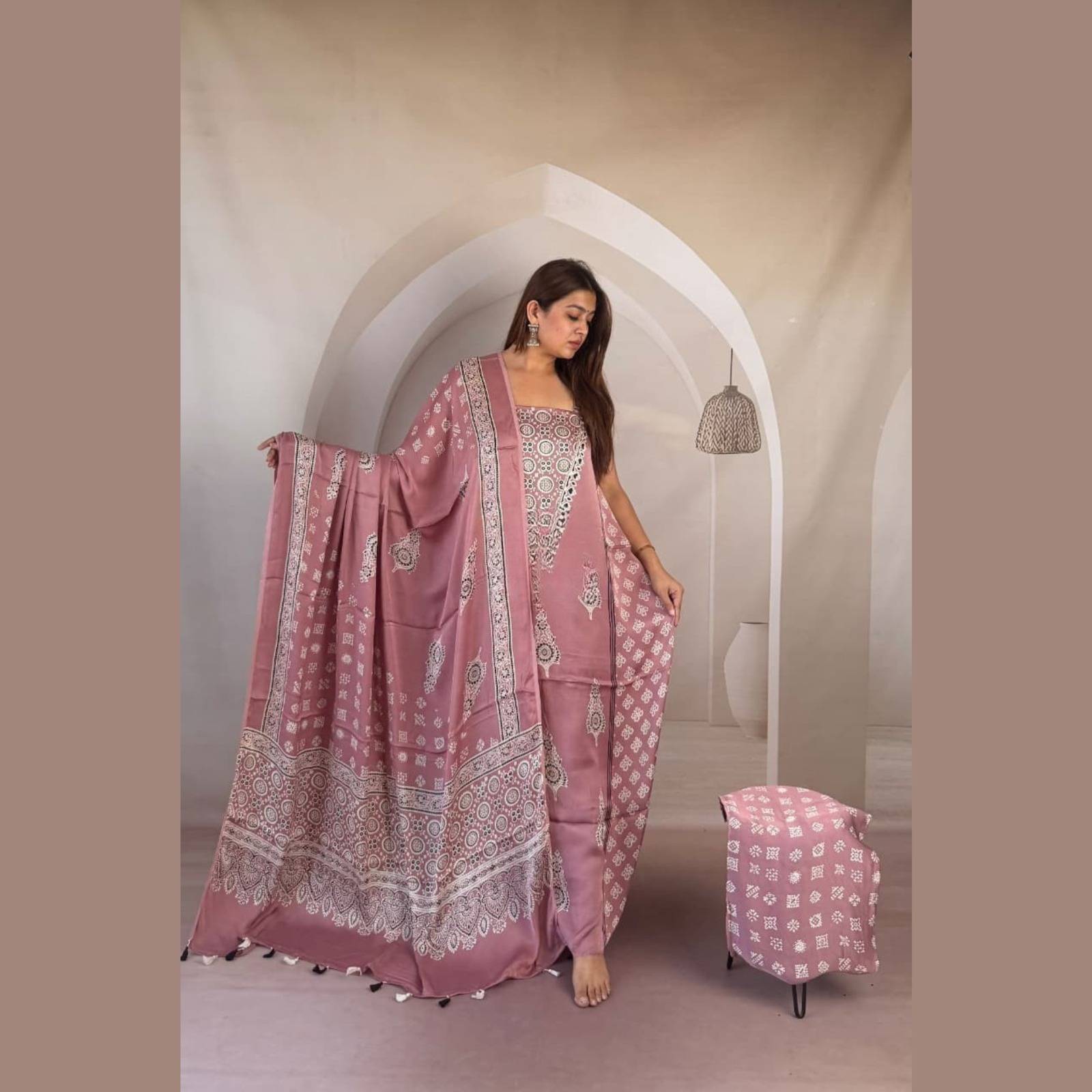 Modal Silk Ajrakh Handblock Suit Set with Tissue-Like Pallu Dupatta