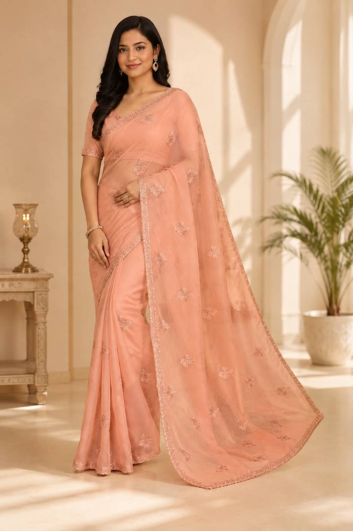 Peach Pink Embroidered Designer Saree
