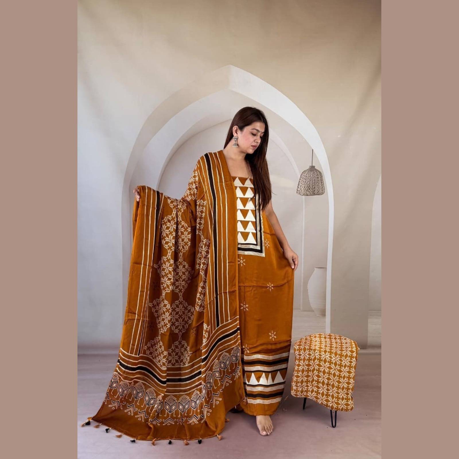 Modal Silk Ajrakh Handblock Suit Set with Tissue-Like Pallu Dupatta