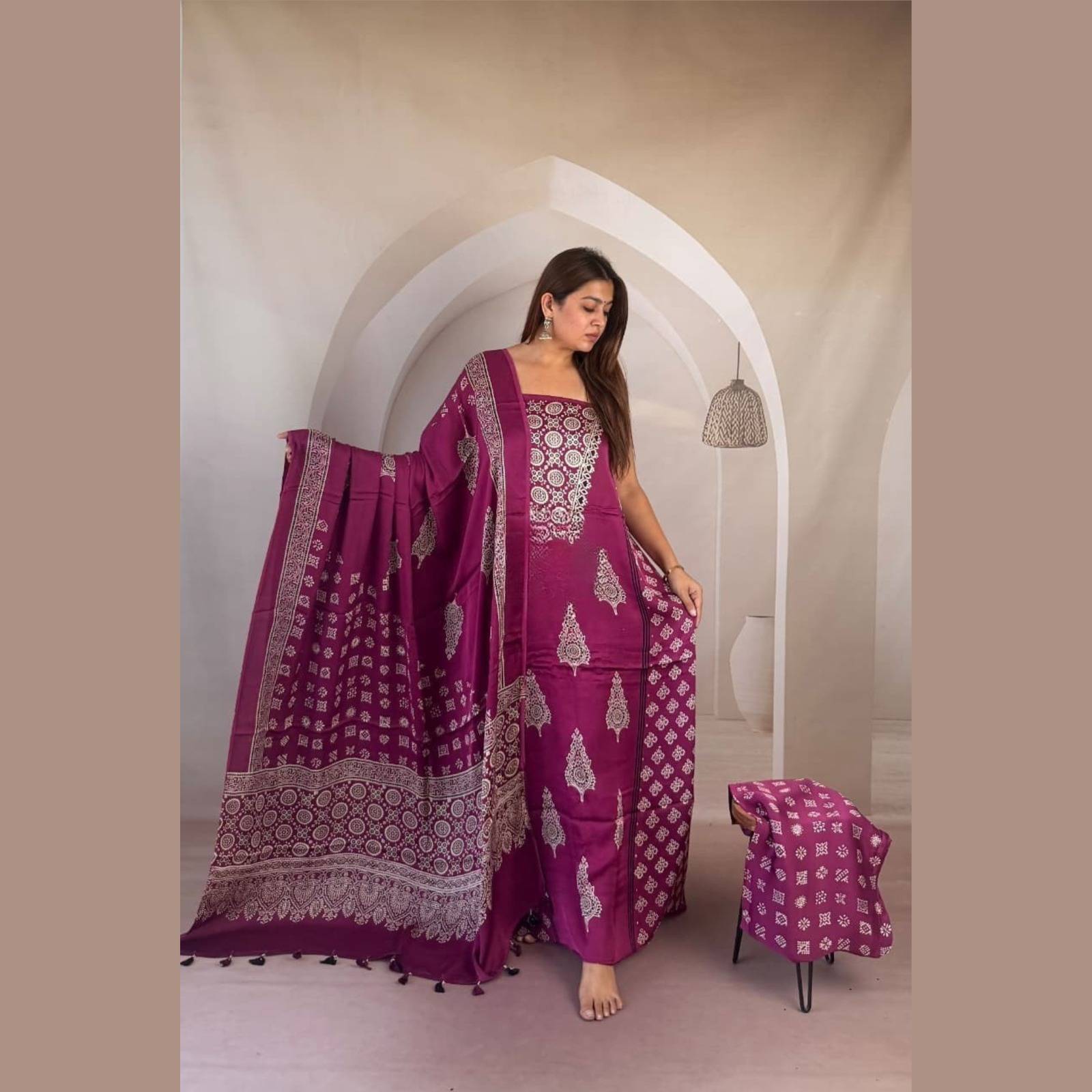 Modal Silk Ajrakh Handblock Suit Set with Tissue-Like Pallu Dupatta