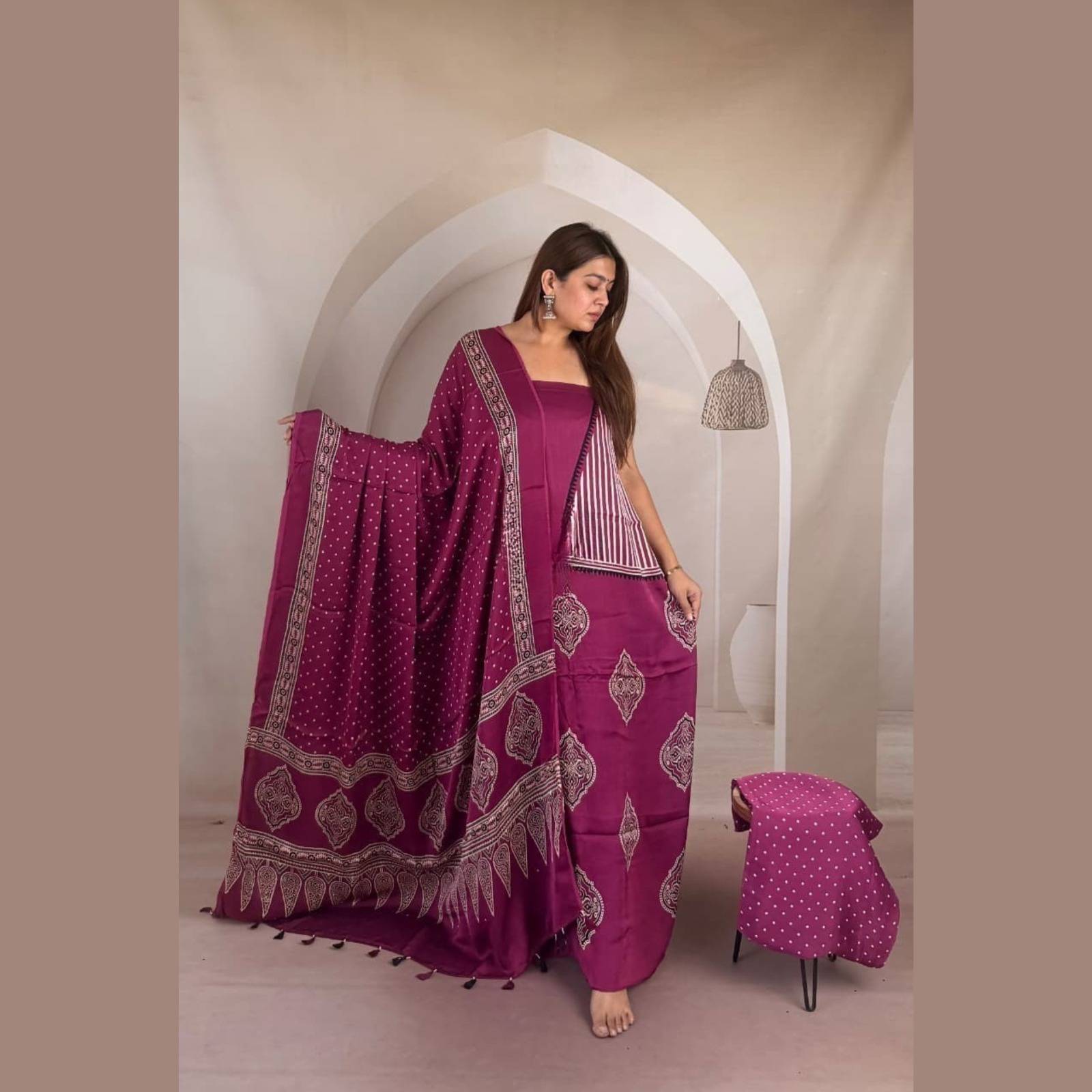 Modal Silk Ajrakh Handblock Suit Set with Tissue-Like Pallu Dupatta