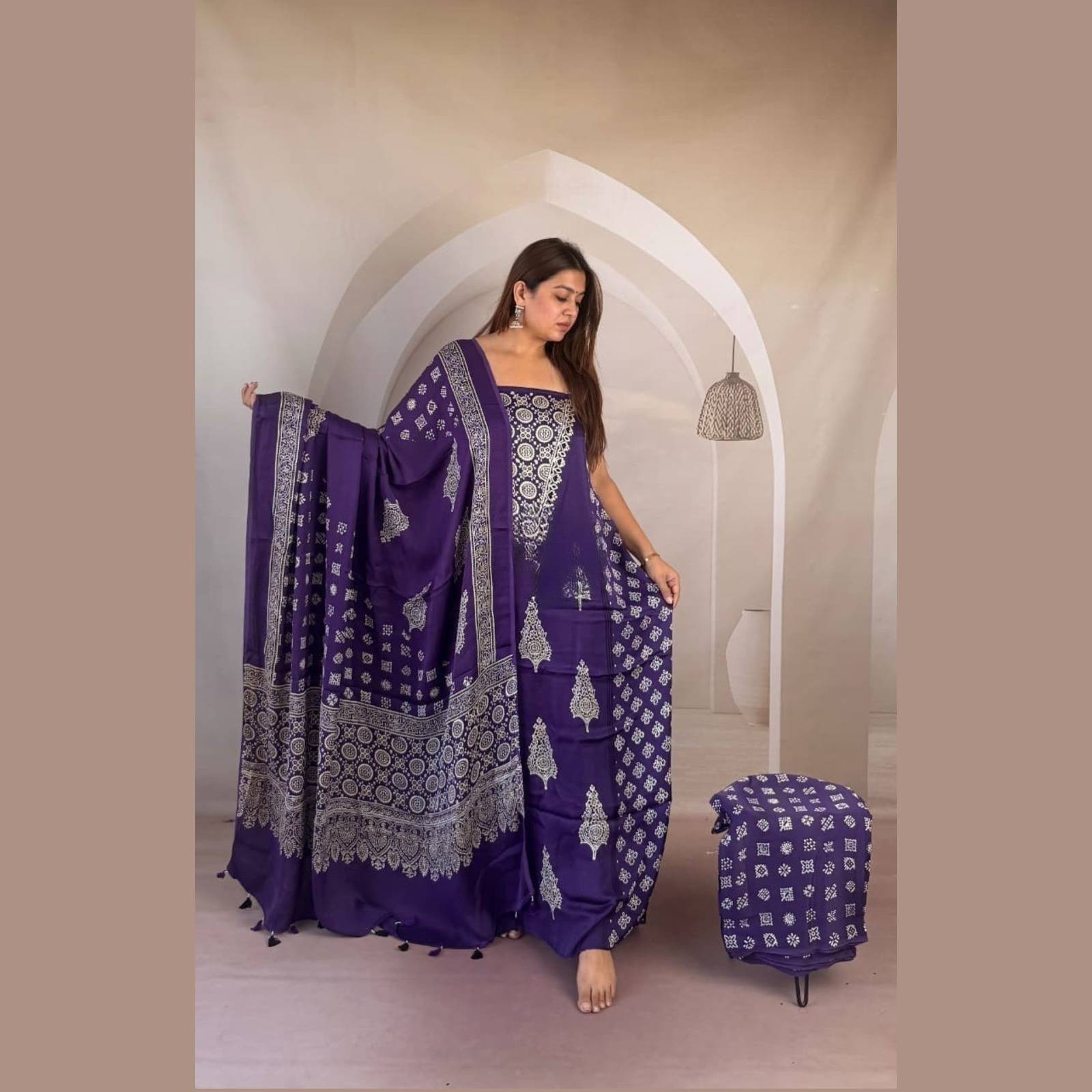 Modal Silk Ajrakh Handblock Suit Set with Tissue-Like Pallu Dupatta