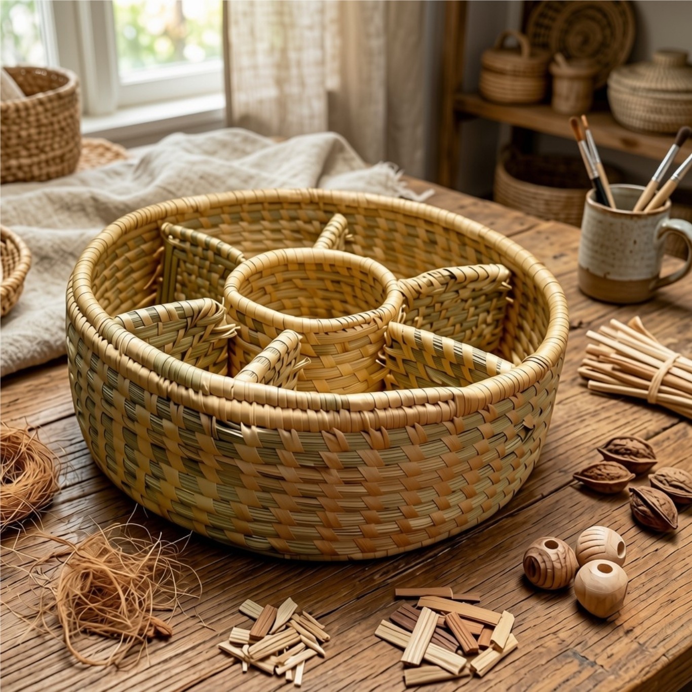 Round Handwoven Multi-Compartment Organizer Basket