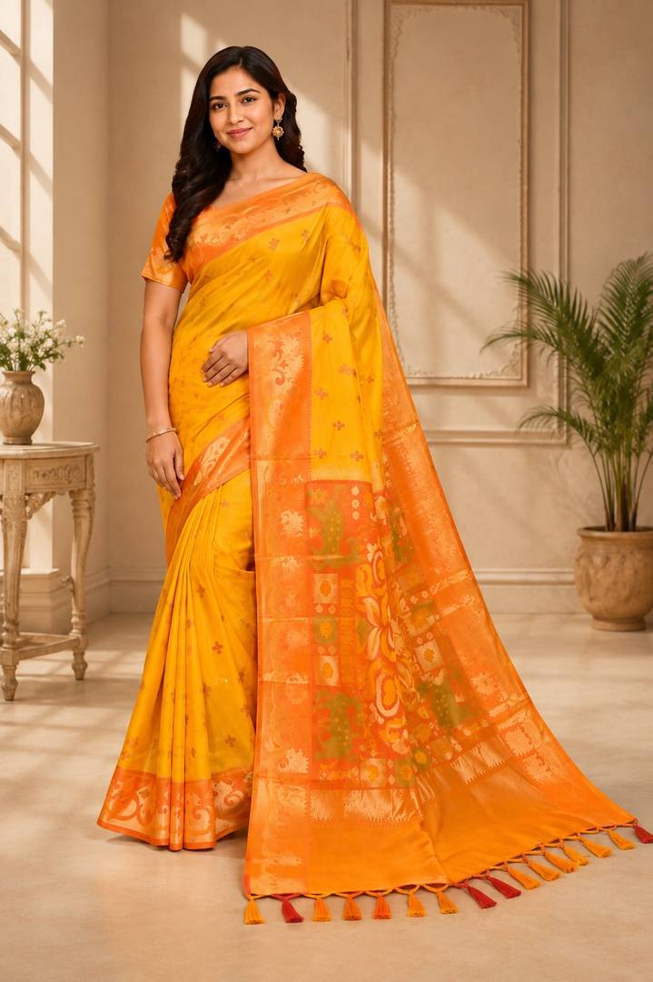 Mustard Yellow & Orange Traditional Woven Saree