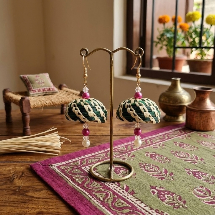 Green Handcrafted Dome-Shaped Earrings