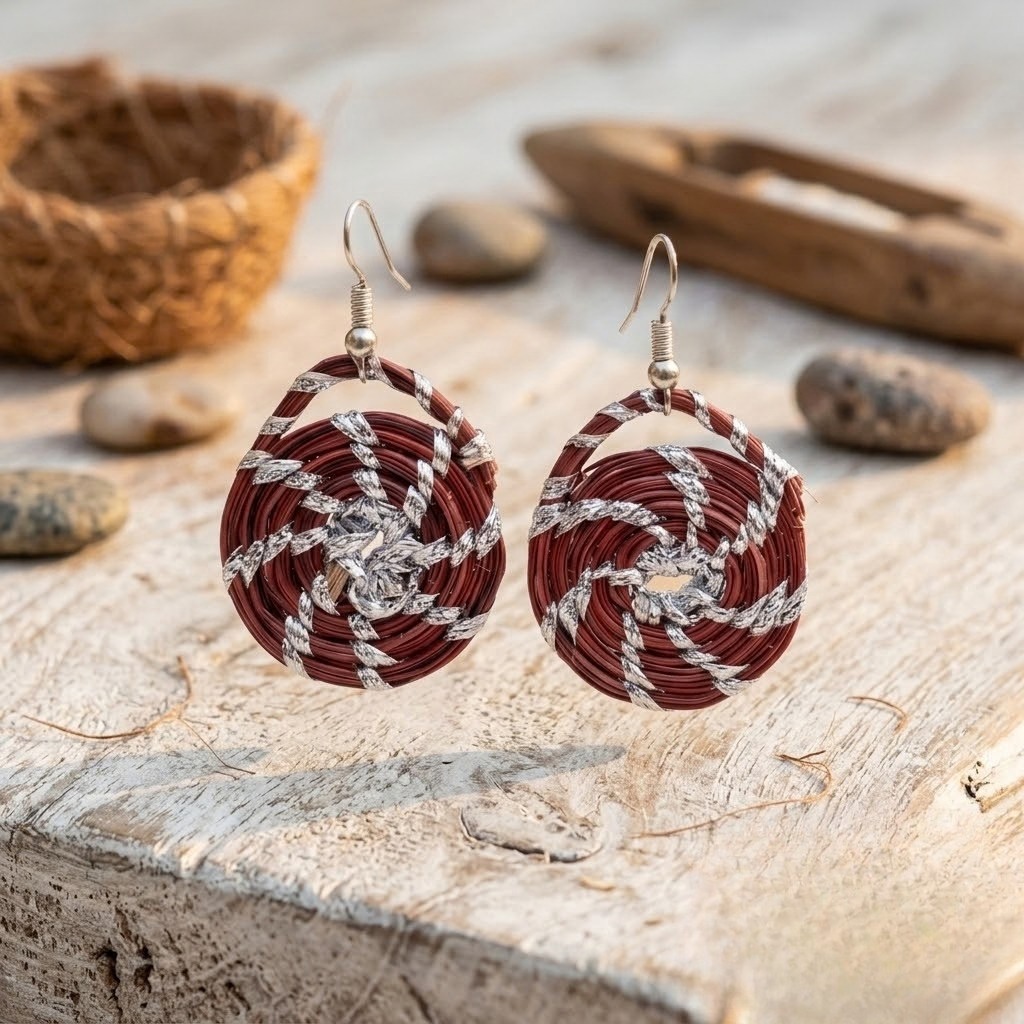Maroon & Silver Handcrafted Round Earrings