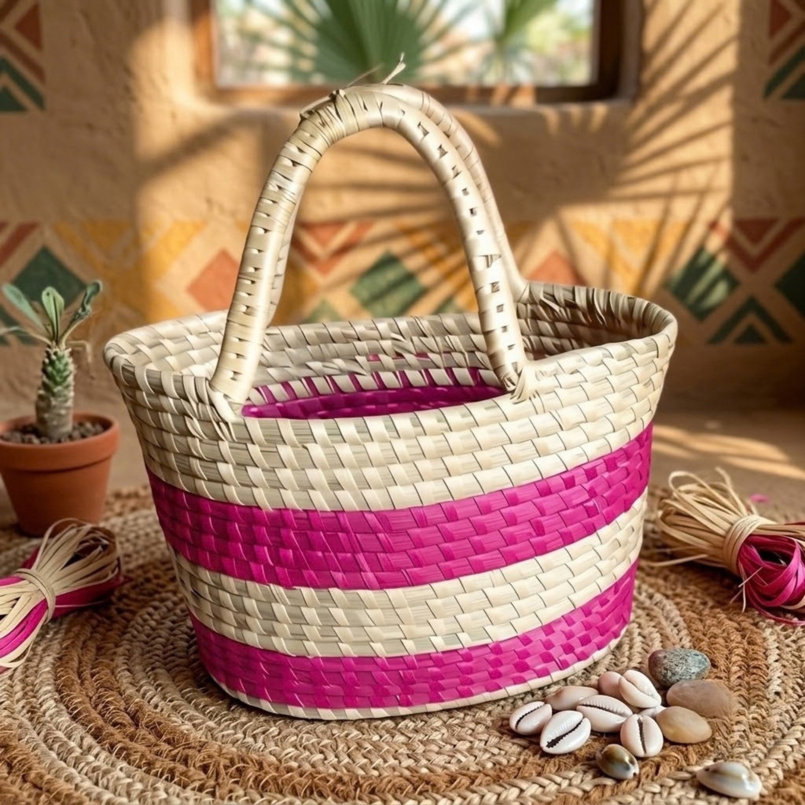 Pink & Natural Handwoven Storage Basket with Handle