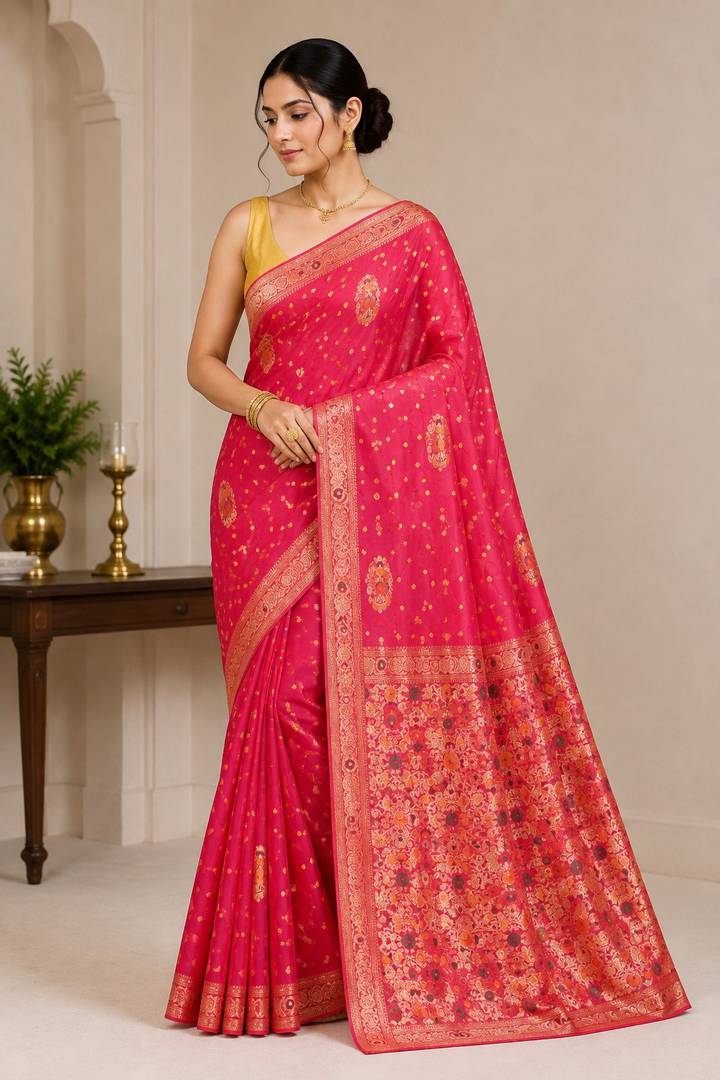 Rani Pink & Gold Woven Silk-Style Saree