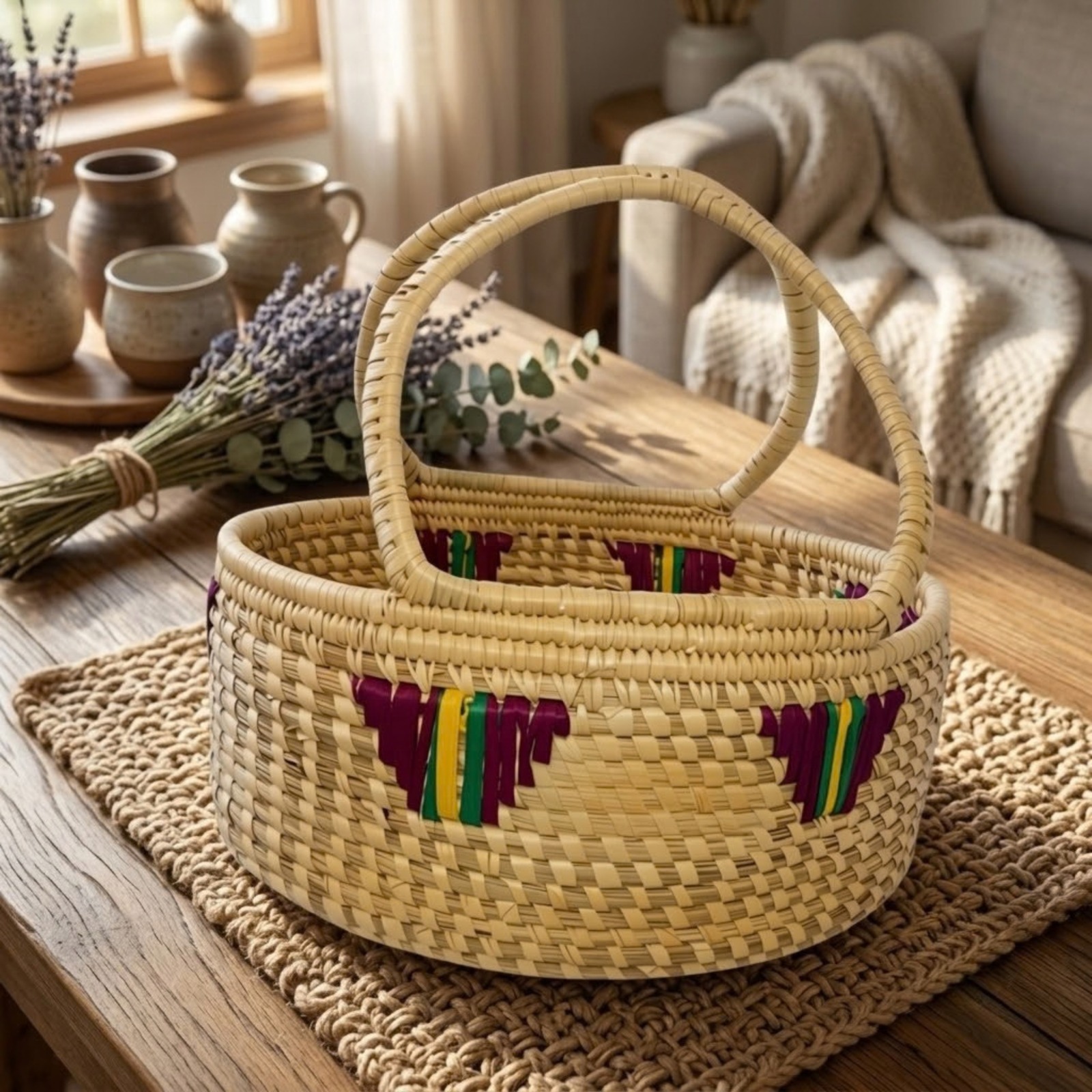 Natural Handwoven Basket with Large Handle