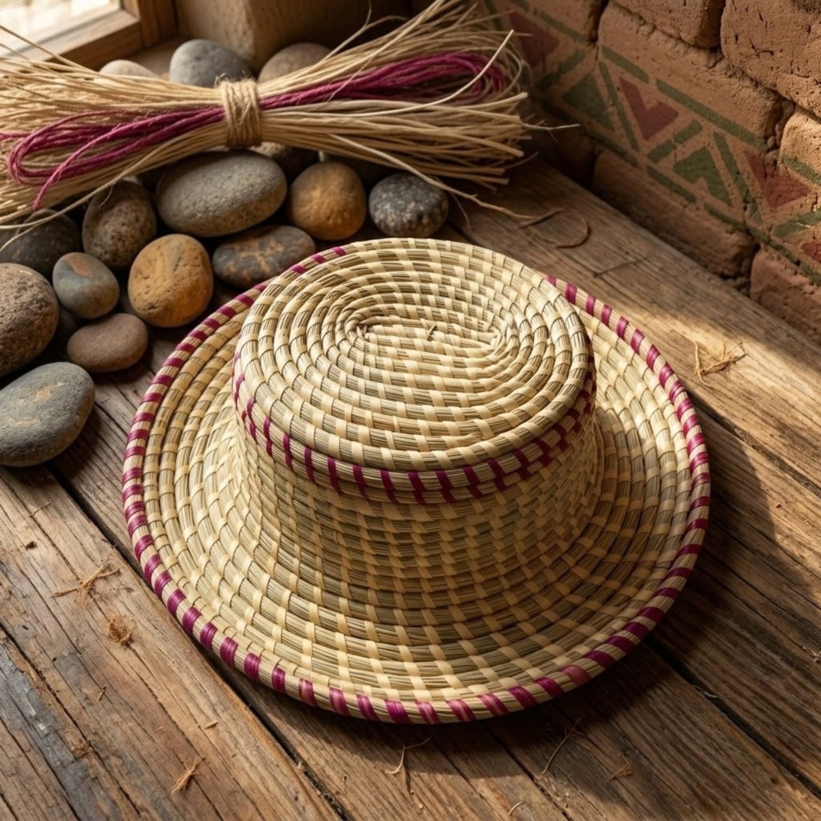 Natural Handwoven Decorative Hat with Pink Border