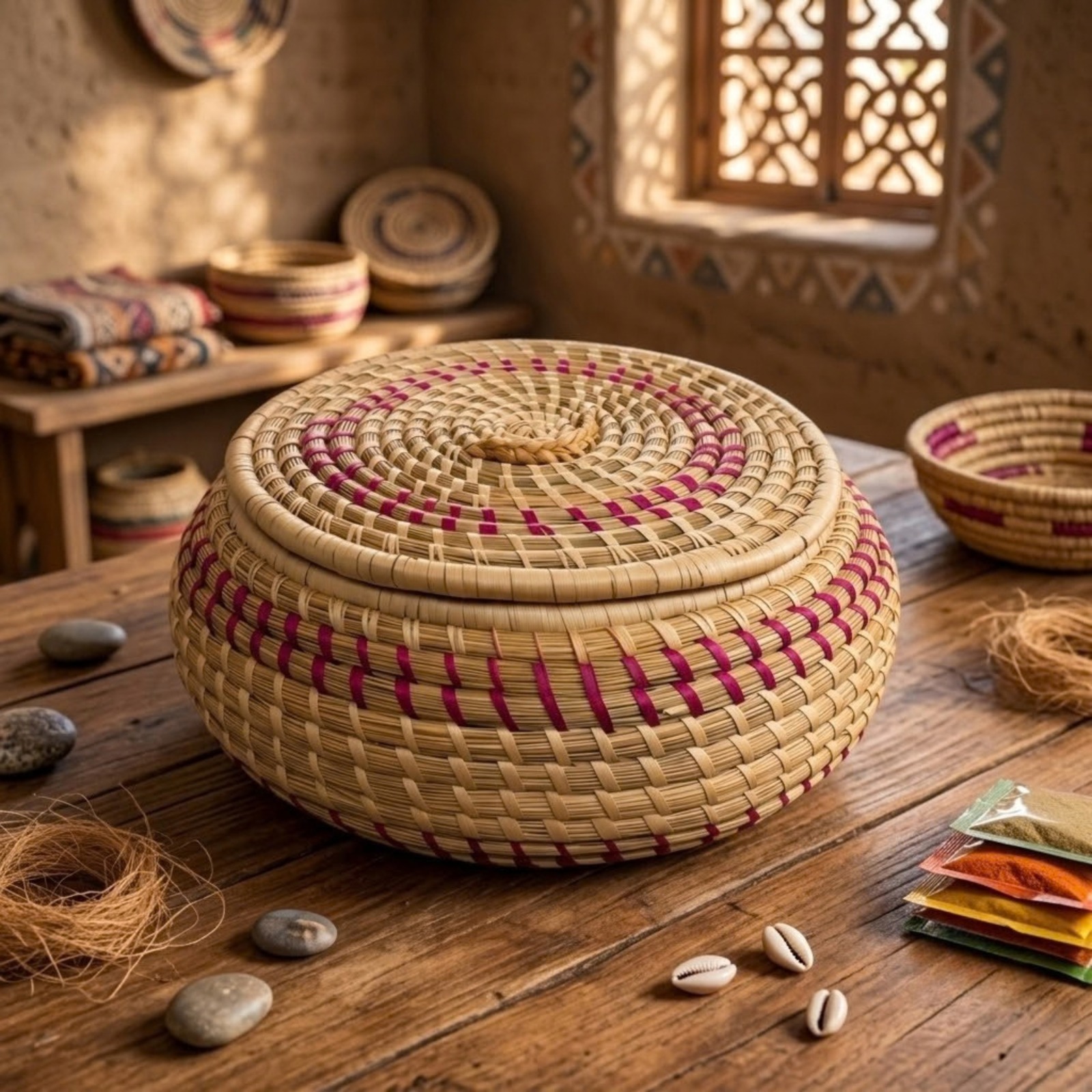 Natural & Pink Handwoven Round Storage Basket with Lid