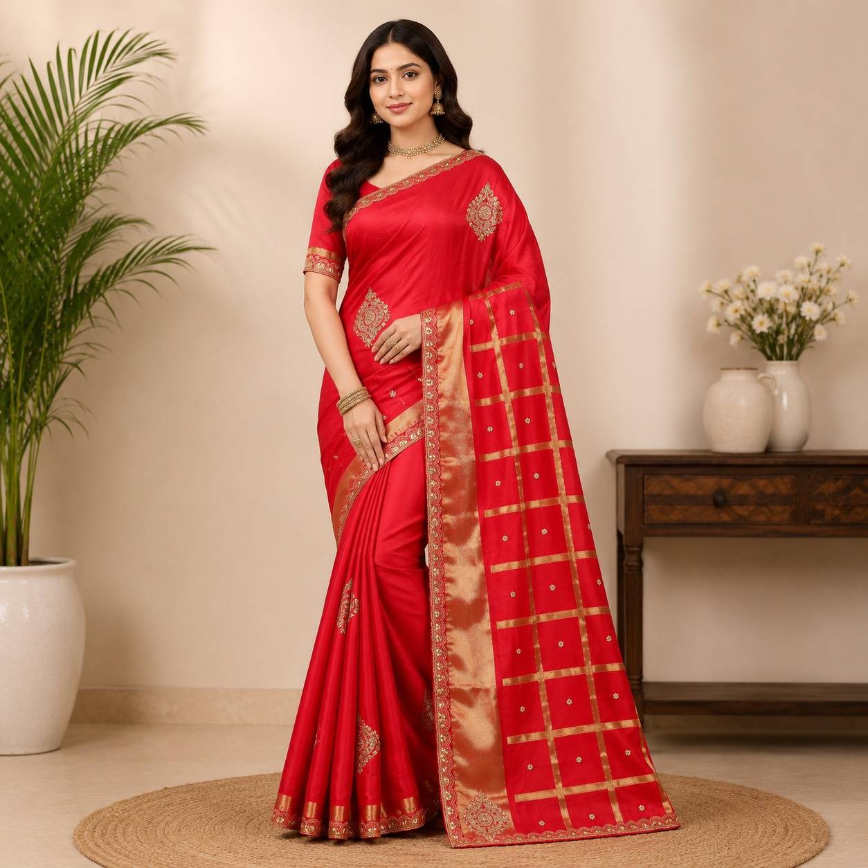 UPADA SILK HALF CHECK HALF WEAVED HAND EMBROIDERY