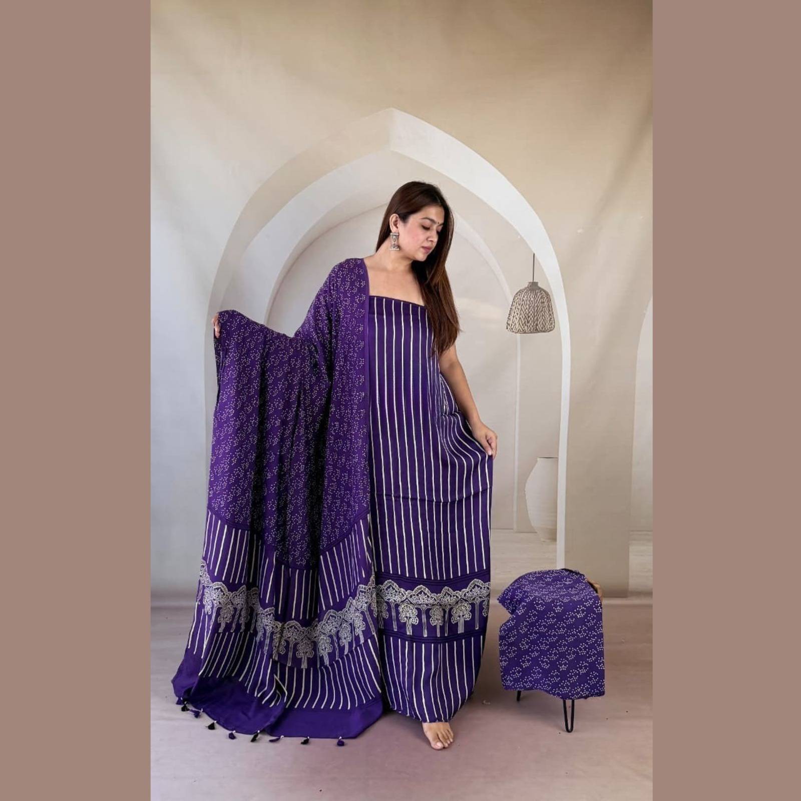 Modal Silk Ajrakh Handblock Suit Set with Tissue-Like Pallu Dupatta