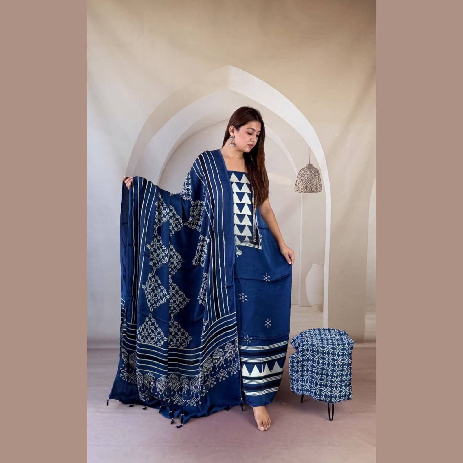 Modal Silk Ajrakh Handblock Suit Set with Tissue-Like Pallu Dupatta