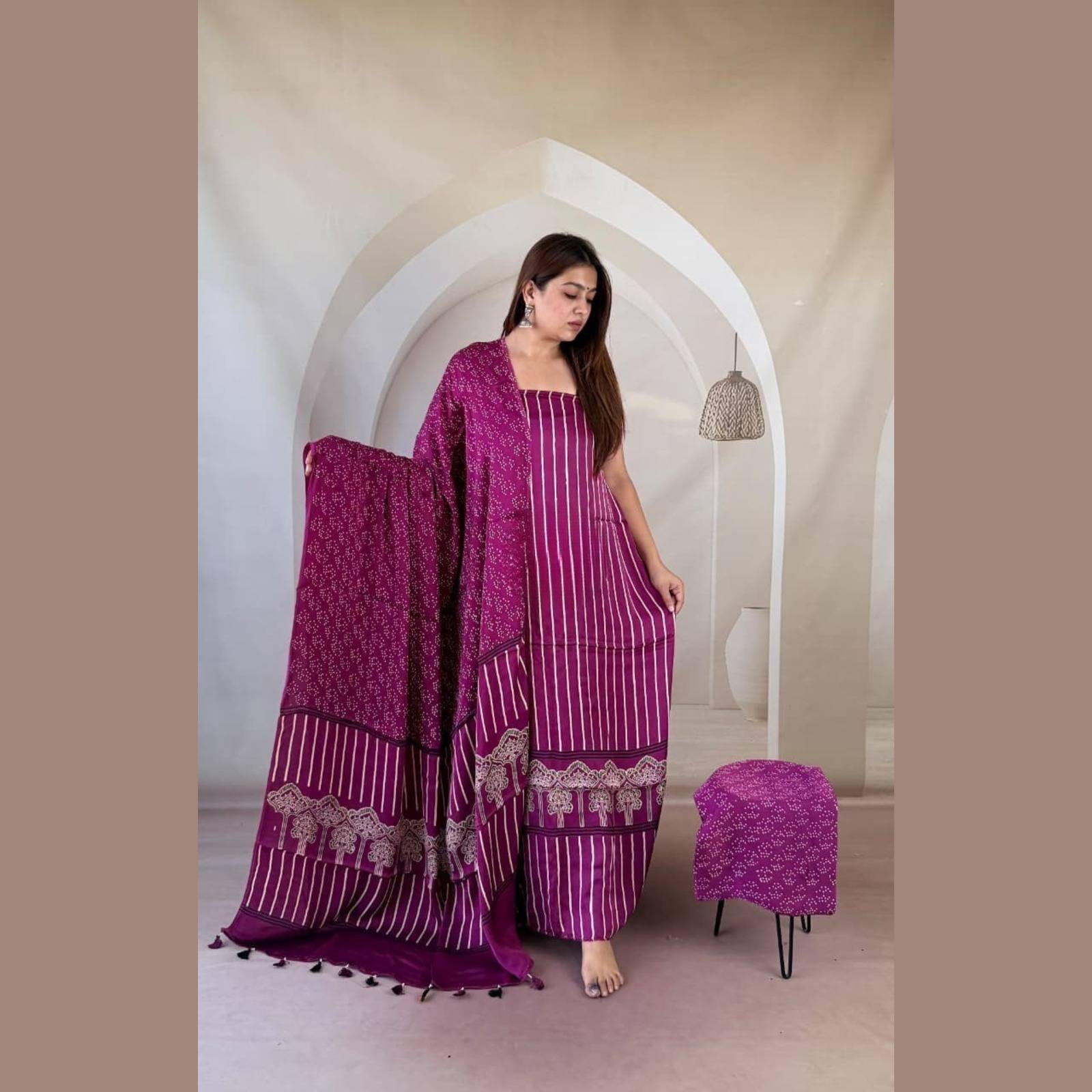 Modal Silk Ajrakh Handblock Suit Set with Tissue-Like Pallu Dupatta