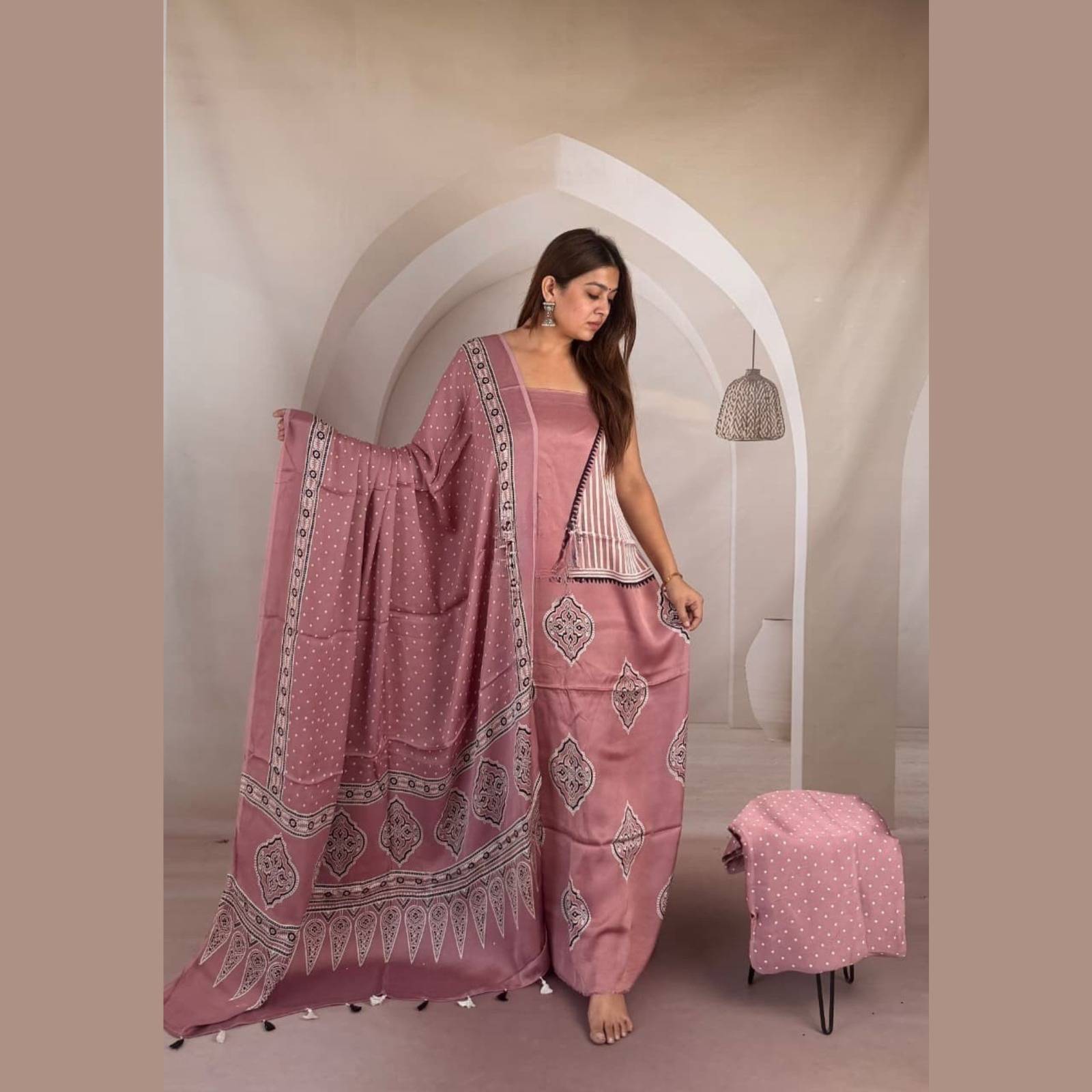 Modal Silk Ajrakh Handblock Suit Set with Tissue-Like Pallu Dupatta