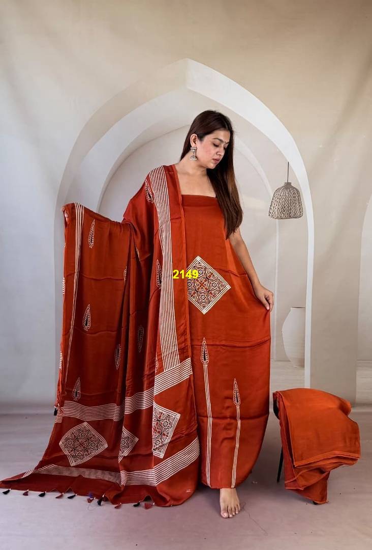 Modal Silk Ajrakh Handblock Suit Set with Tissue-Like Pallu Dupatta