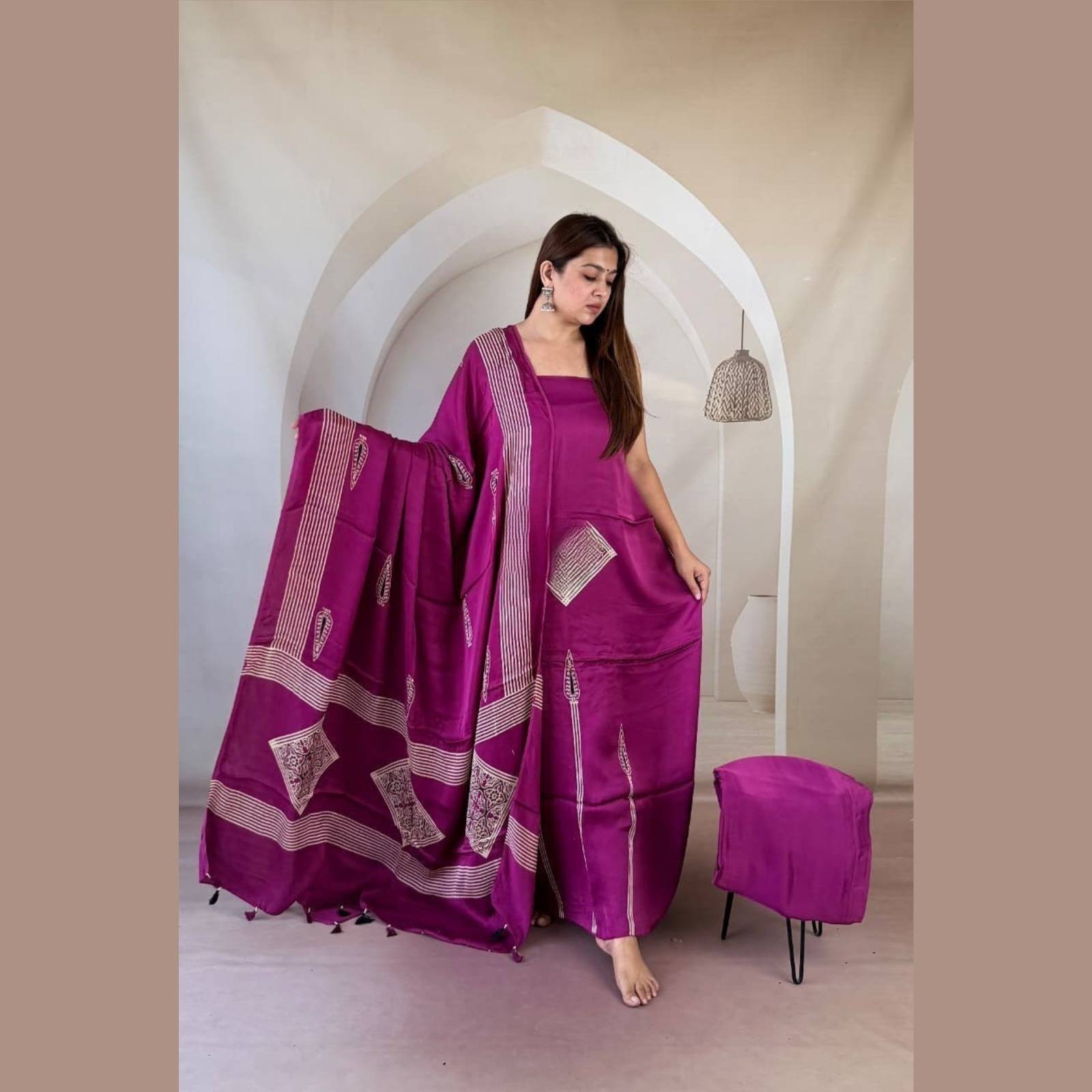 Modal Silk Ajrakh Handblock Suit Set with Tissue-Like Pallu Dupatta