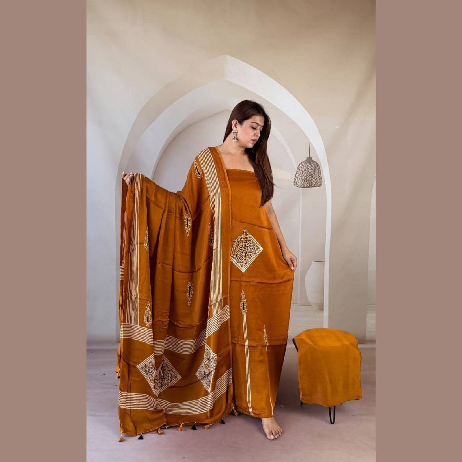 Modal Silk Ajrakh Handblock Suit Set with Tissue-Like Pallu Dupatta