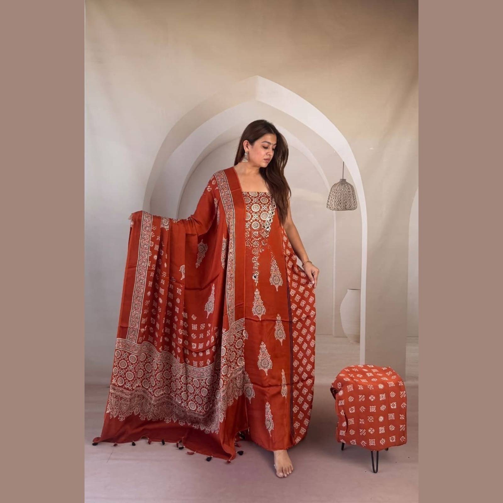 Modal Silk Ajrakh Handblock Suit Set with Tissue-Like Pallu Dupatta