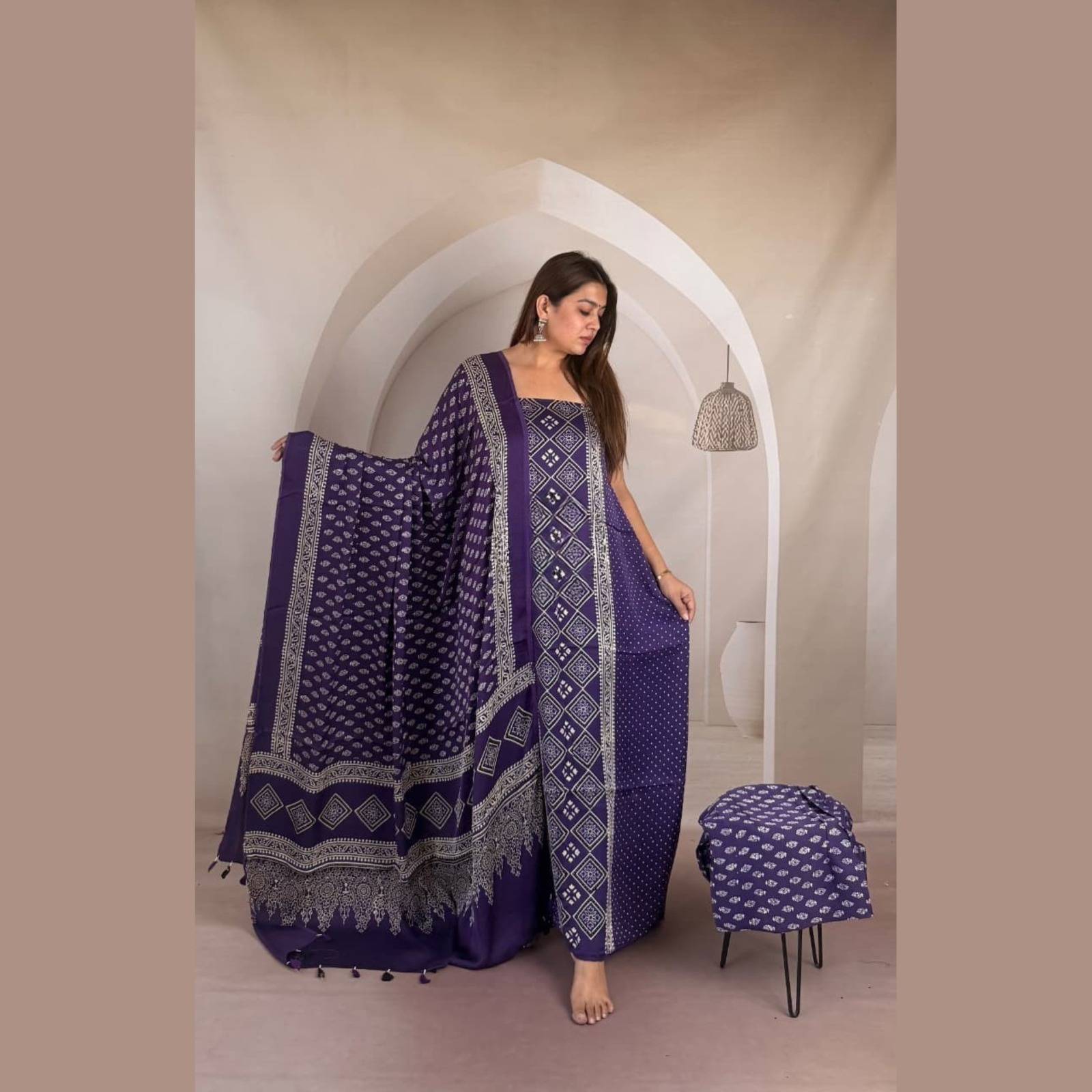Modal Silk Ajrakh Handblock Suit Set with Tissue-Like Pallu Dupatta