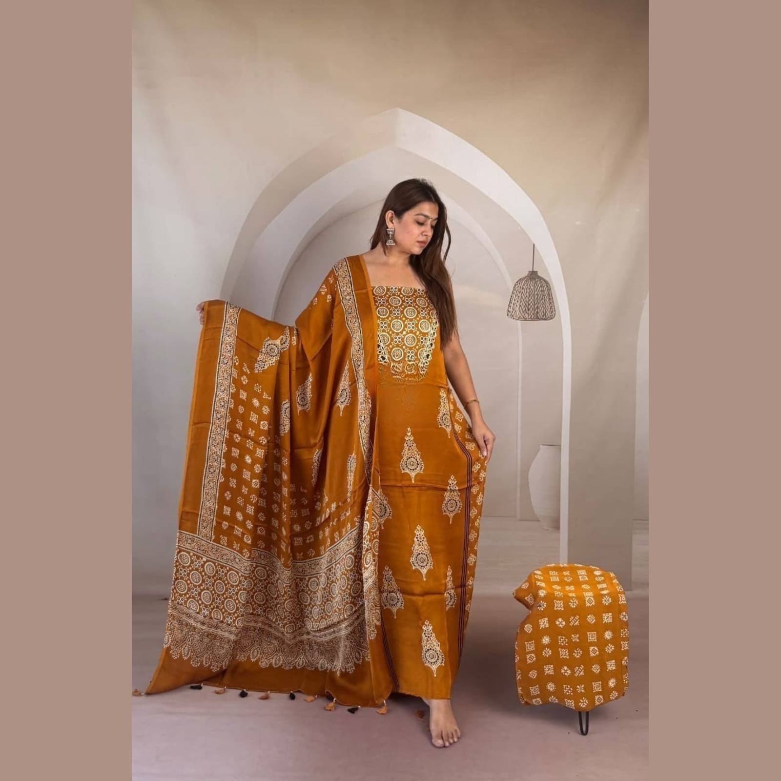 Modal Silk Ajrakh Handblock Suit Set with Tissue-Like Pallu Dupatta