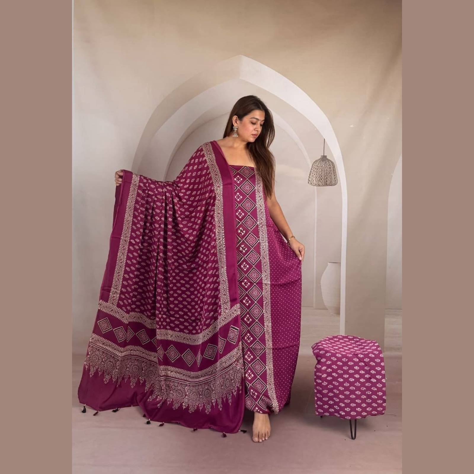 Modal Silk Ajrakh Handblock Suit Set with Tissue-Like Pallu Dupatta