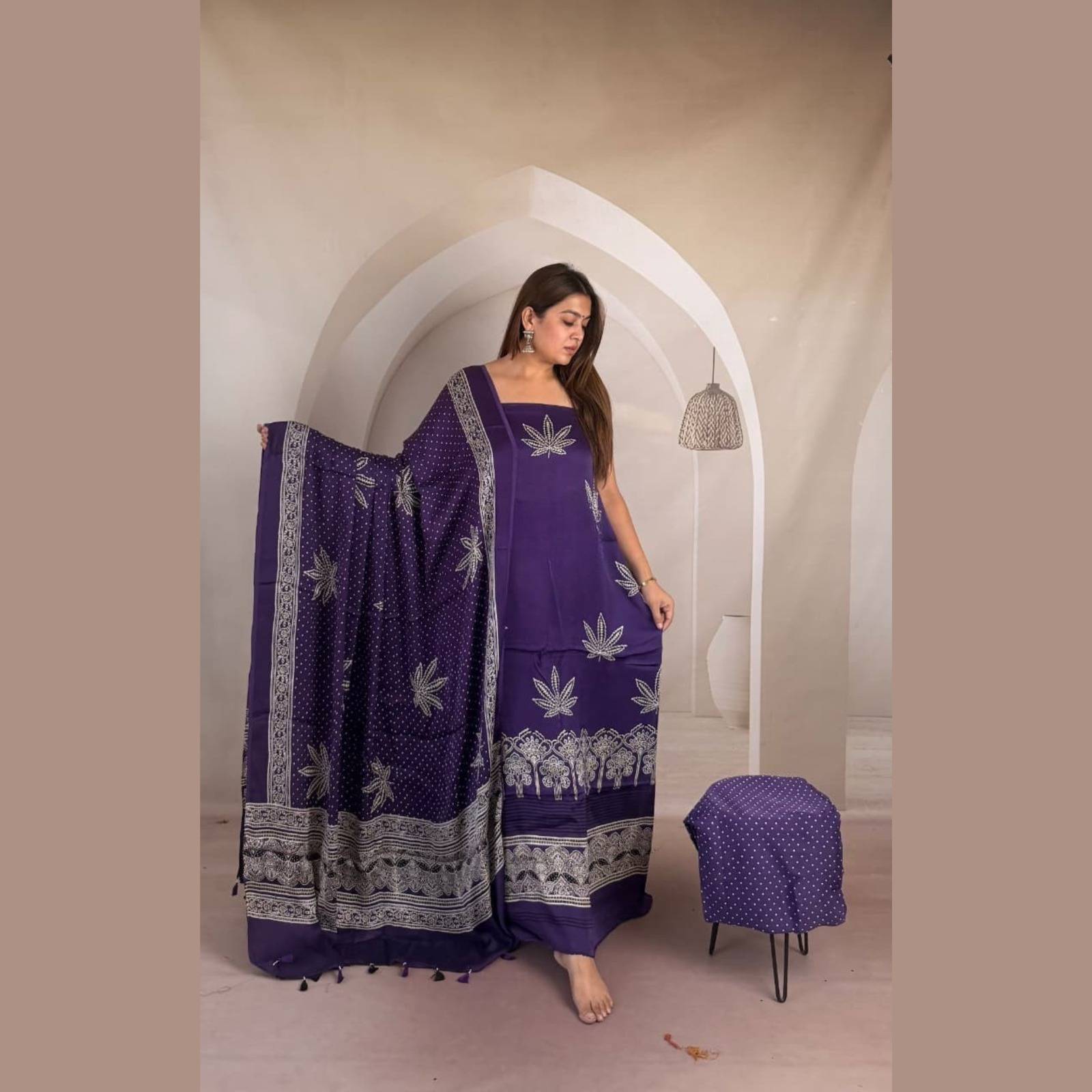 Modal Silk Ajrakh Handblock Suit Set with Tissue-Like Pallu Dupatta
